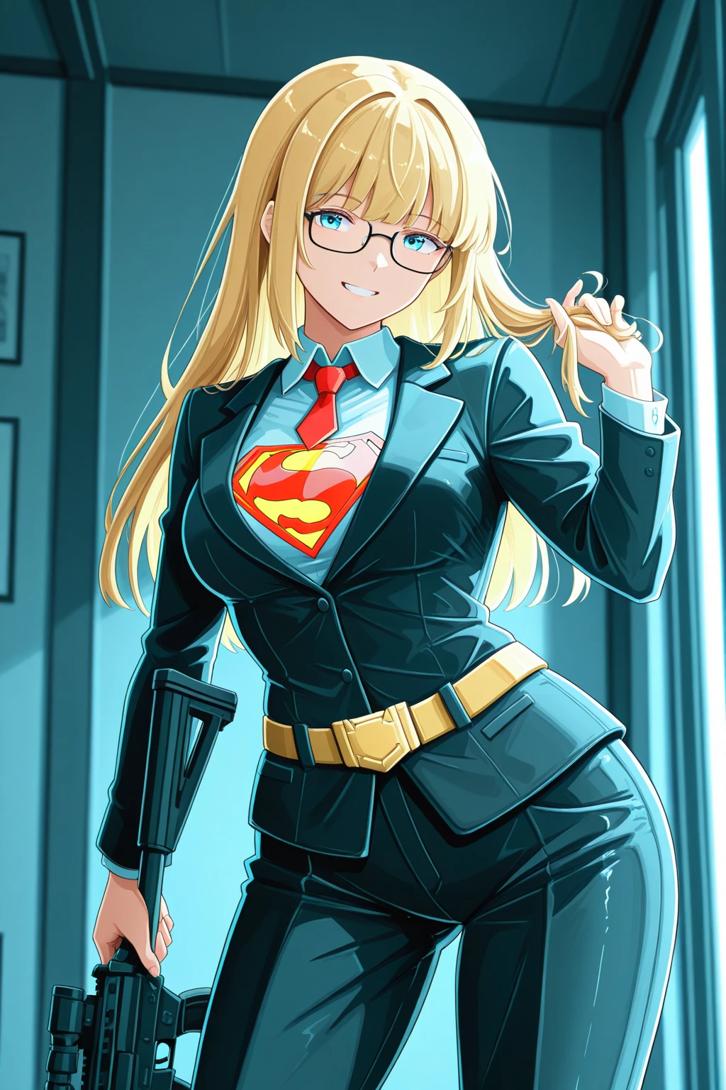 1girl, office lady, superhero, leotard, bare legs, boots, hands on hip, powering up, standing, blonde hair
