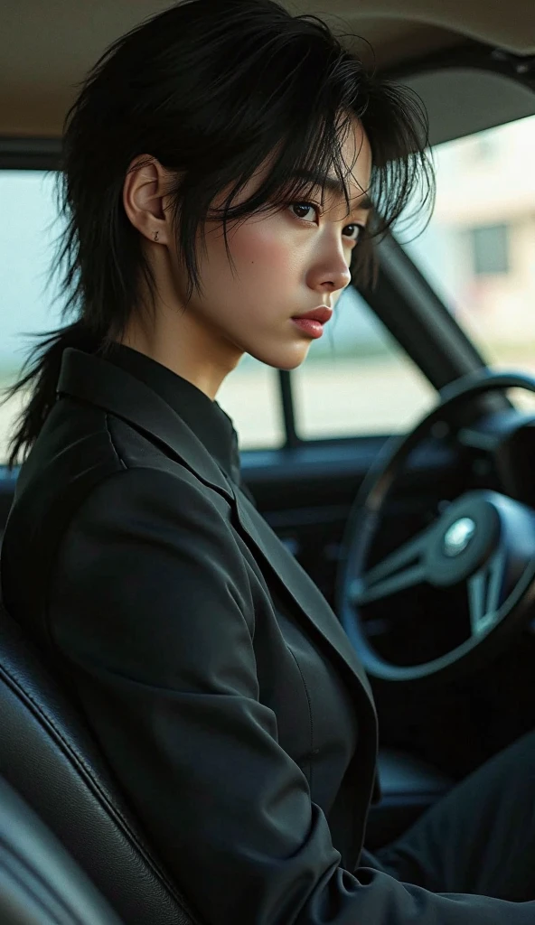 Woman driving a classic car 30 years old Black Hair short hair A depiction of someone holding the wheel and driving profile summer coastline Smoking One-handed driving