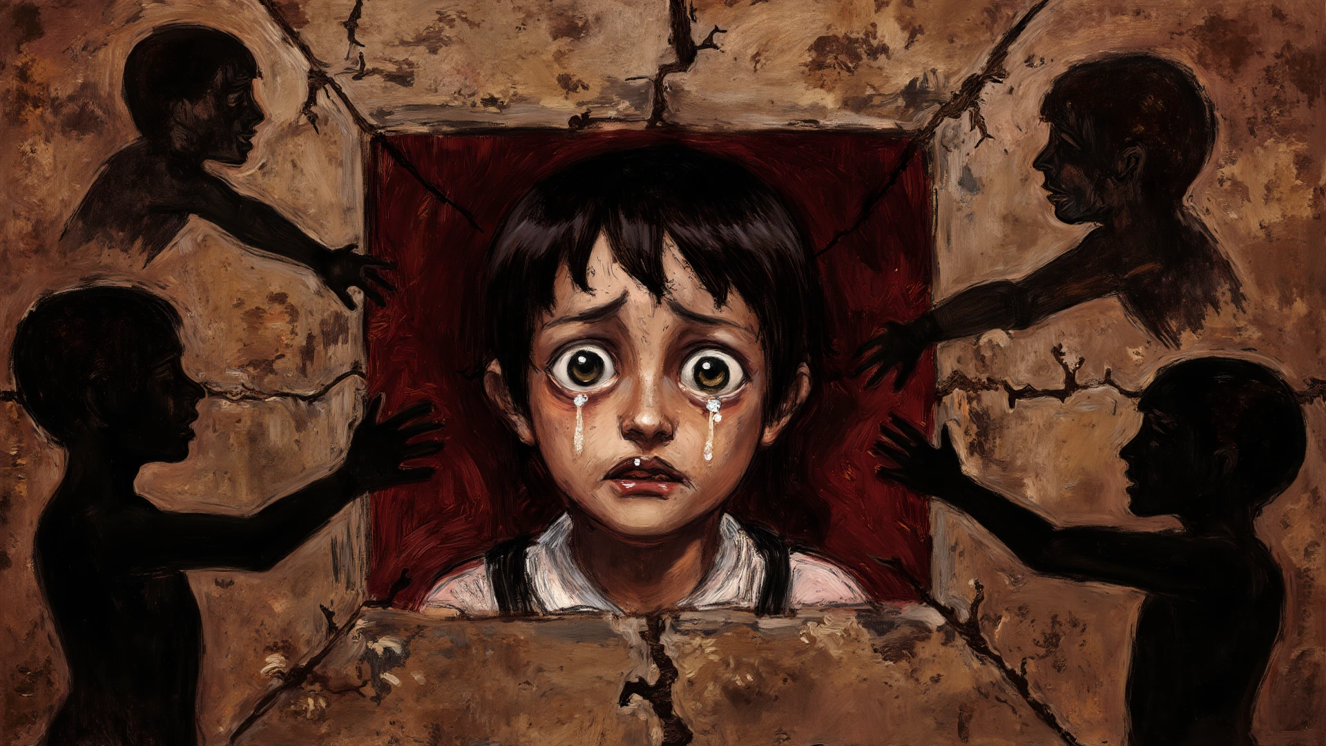 Full body, Megumi Fushiguro (13 years old, Young boy), on all fours, shirtless, in shorts, thin, sweaty body, legs and arms handcuffed and restrained, arms behind the back, body tied by ropes and restrained. The boy is blindfolded with a black cloth, and tries to resist, his mouth is restrained by a sexual device (Rubber Penis) stuck in his mouth and throat. Behind Ken, there is an old man who rapes him with anal sex. The boy's face portrays fear, crying and pain. Frontal photo, perspective. In an old, dark basement
