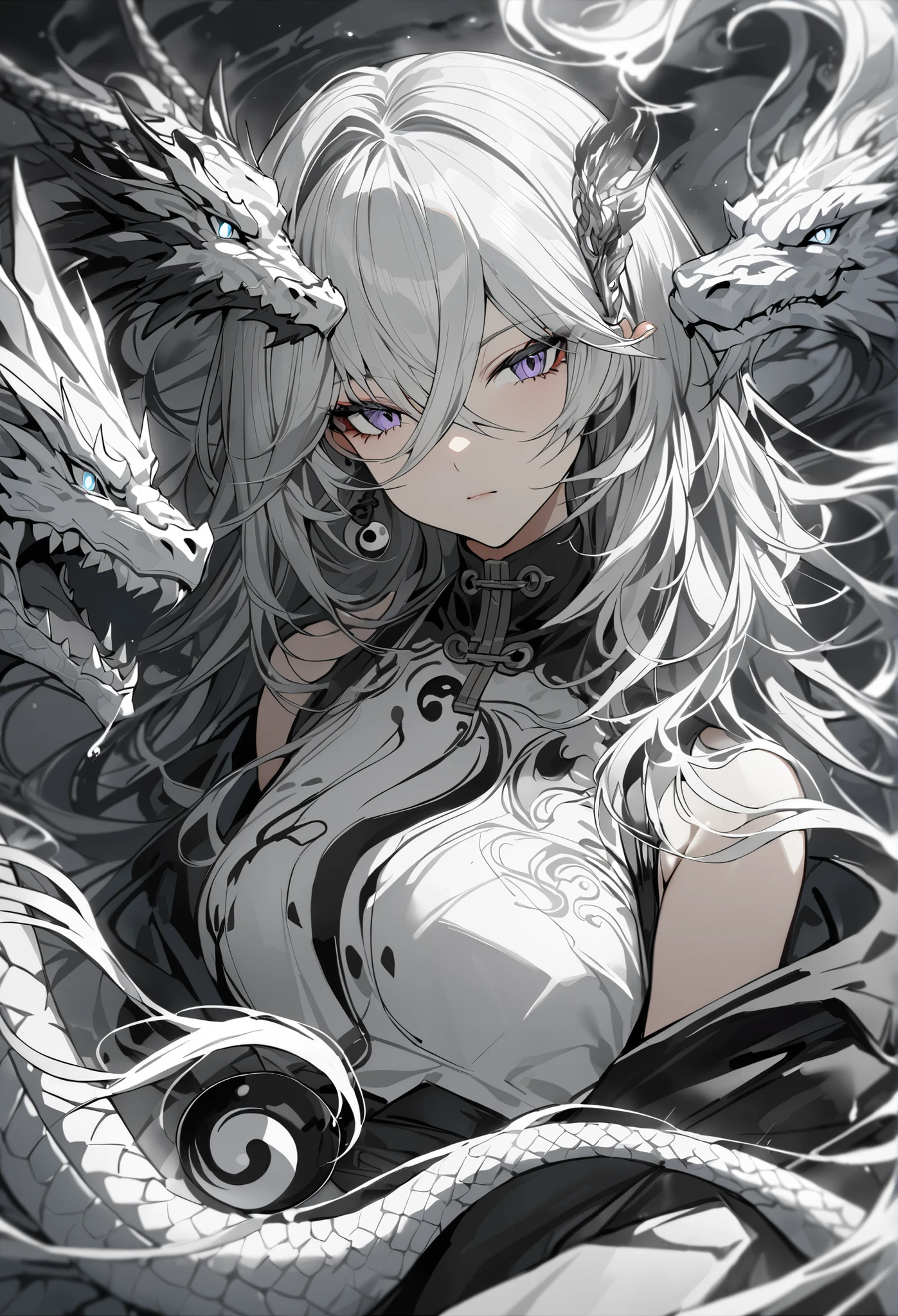  Masterpiece, High quality, Best quality, Live2D, Clear face, modern design, woman, dragon, black and white, Yin Yang.