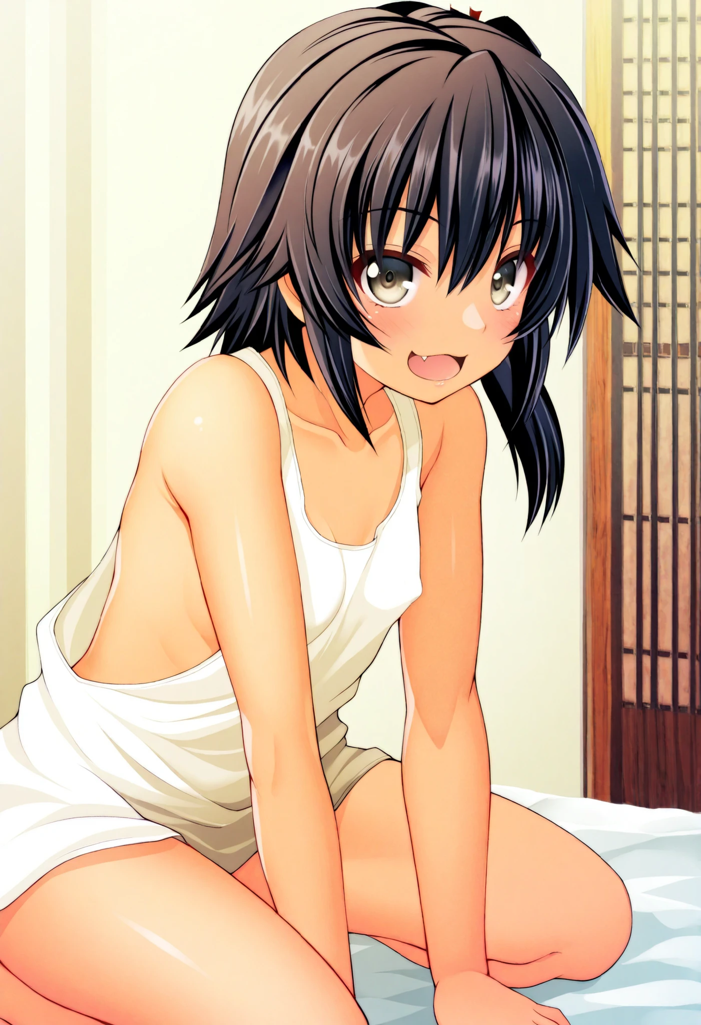 a cute anime girl, white-skinned, with short black hair, she has beautiful blue eyes and is wearing a black tank top, with pink shorts, is sitting alone on the edge of a bed in the bedroom, she is open-mouthed and with an expression of concern, image in moe style