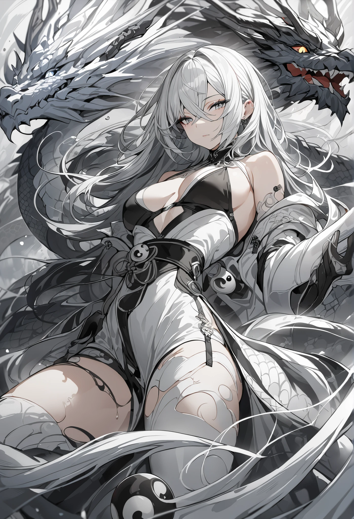 Masterpiece, High quality, Best quality, Live2D, Clear face, modern design, woman, dragon, black and white, Yin Yang.