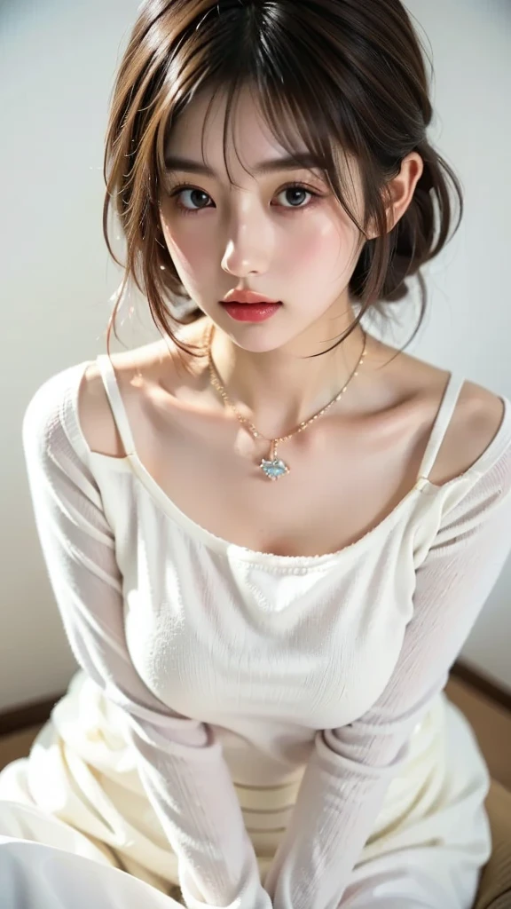 (masterpiece:1.2), actual, 18 years old photo.o girl wearing loose shirt(The shirt is unbuttoned), half, best quality, Large Breasts, Bare shoulders, Clive Arch, National Foundation, [[Hands behind back]], earrings, Full shirt, Black necklace, solitary, [SFW]，Leaking nipples