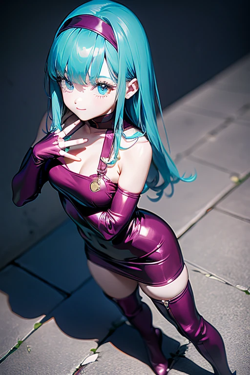 Sailor Neptune of the Fallen. female solo. Aqua color hair. Brainwashed eyes. A black mask that hides the eyes. Evil costume. nefarious smirk. Latex Costume. Full Body Stockings. Futuristic machine background.