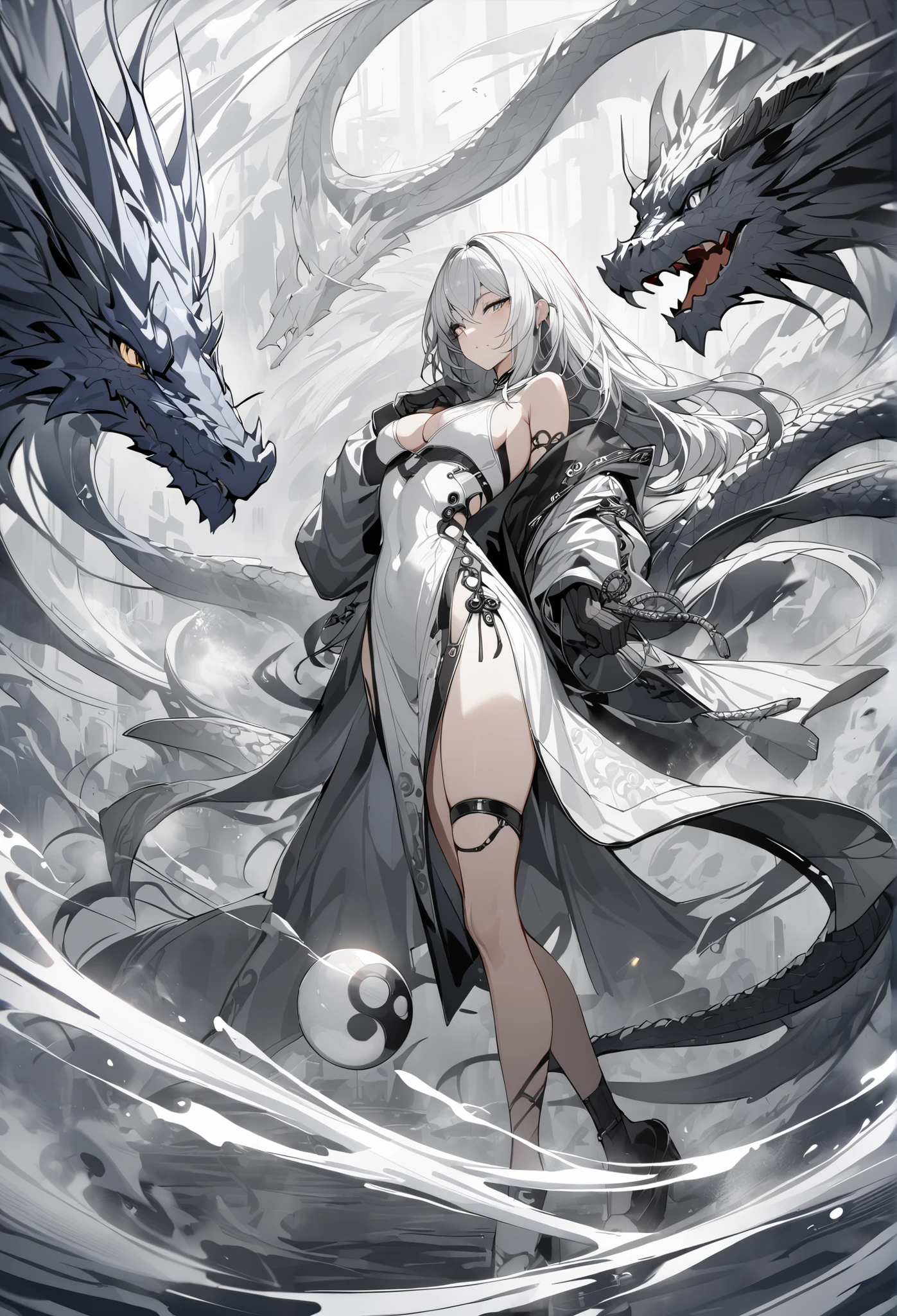Masterpiece, High quality, Best quality, Live2D, Clear face, modern design, woman, dragon, black and white, Yin Yang.