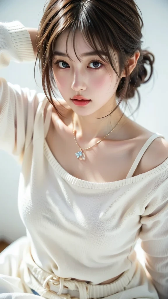 (Photoreal Stick:1.5, masutepiece:1.5, 8K), (top-quality, ​masterpiece, 超A high resolution), ((fog the lens:1.9)), ((reflect light onto the lens:1.9)), ((Shoot with blur:1.9)), ((sunrises, Sunlight coming in from behind:1.9, The sunlight of the morning sun spreads across the screen:1.9)), ((The woman looks hazy due to the morning mist.:1.9, The entire screen appears white and hazy:1.9)), Face Sharp Focus:1.3, Professional camera work:1.3, Highly detailed skin and facial texture:1.3, Grow Light Effect, The ultra-detailliert:1.3, 1girl in, Fair skin, (Sense of clarity:1.4, a small face), Extremely beautiful face:1.5, (Sense of clarityを感じる目:0.9, looking distantly), Enraptured look:1.0, i love you completely:0.8, (Slightly open mouth:0.4, Sense of clarityを感じる口当たり:0.7), 二重まぶた, Dark brown medium hair, necklace and earrings
