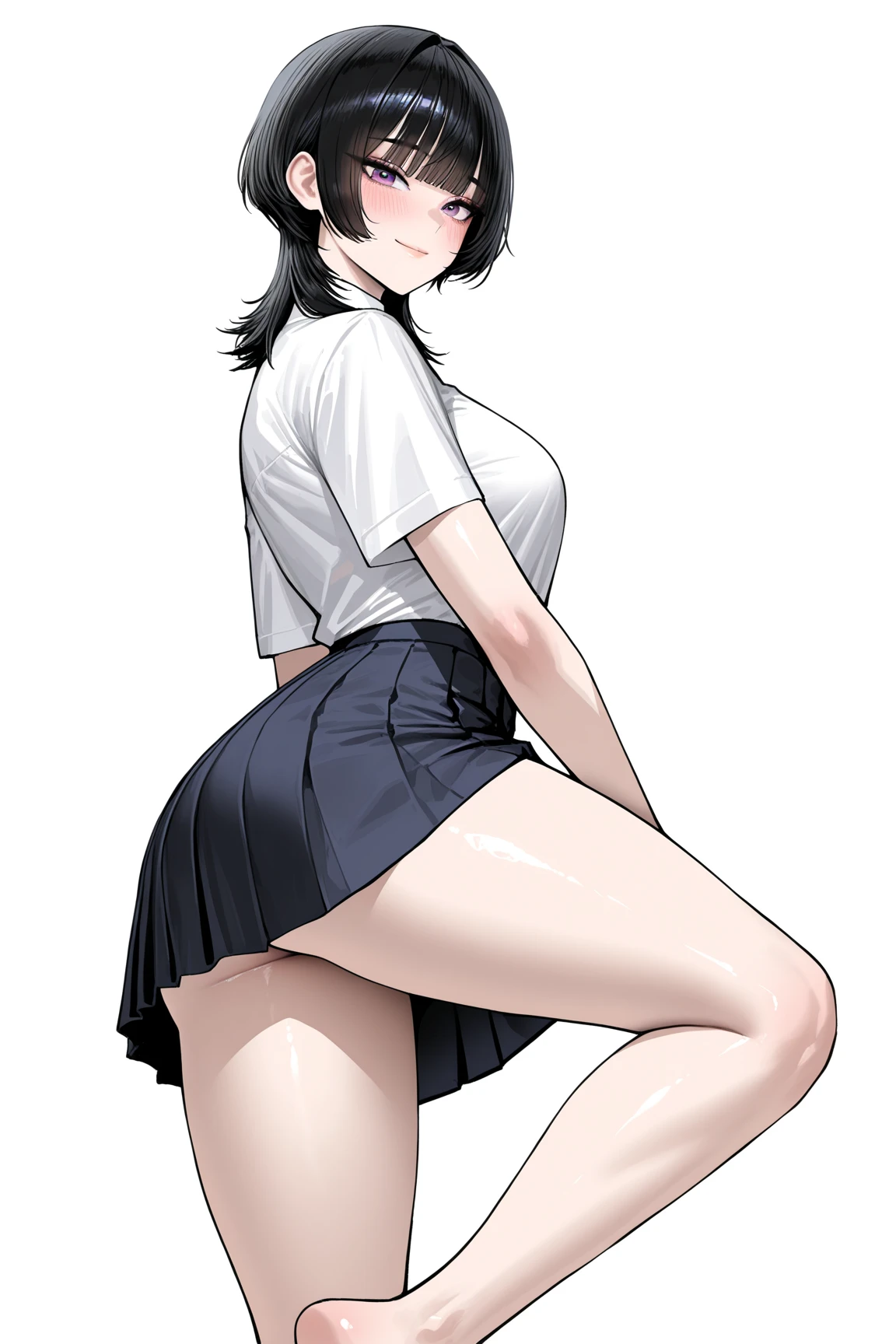 ((work of art)), ((best qualityer)), ((4K)), very beautiful and young girl,the short hem of shirts, Raise the hem of your shirt to show your belly, short shirt, white  shirt, translucent camida, an extremely short skirt, Black Skirt, skirt a little transparent, pretty short skirt, the body would be on the coast, with a tight ass, very big ass, very big breasts, breast nipple showing on the shirt, the skirt doesn&#39;t cover the entire ass, ass showing, White-panties, calcinha bem fina, showing panties, very translucent panties, big ass and well pushed back. coastal body, com a very big ass aparecendo, shorter skirt e no nivel da virilha. Very translucent and thin panties, pantiesm tight, shorter skirt, 5 cm skirt, the hem of the skirt would be level with the crotch, her intimacy appears from behind too, a chubby intimacy.