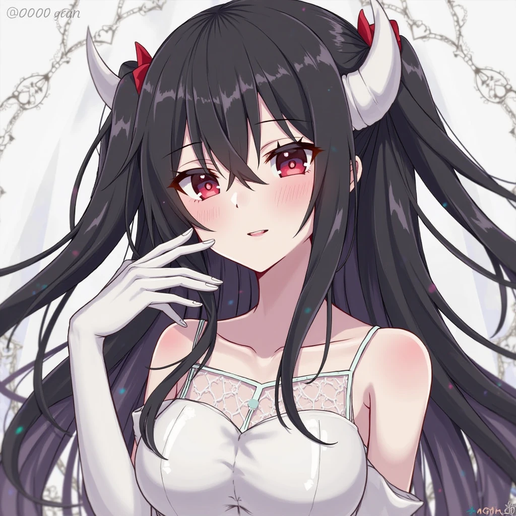 1girl, bare shoulders, black dress, black hair, breasts, closed mouth, dress, earrings, flower, hair flower, hair ornament, hairband, jewelry, medium breasts, long hair, looking at viewer, red eyes, sidelocks, sleeveless, solo, upper body, black background, (mushroom on head:1.3) , ((masterpiece))
