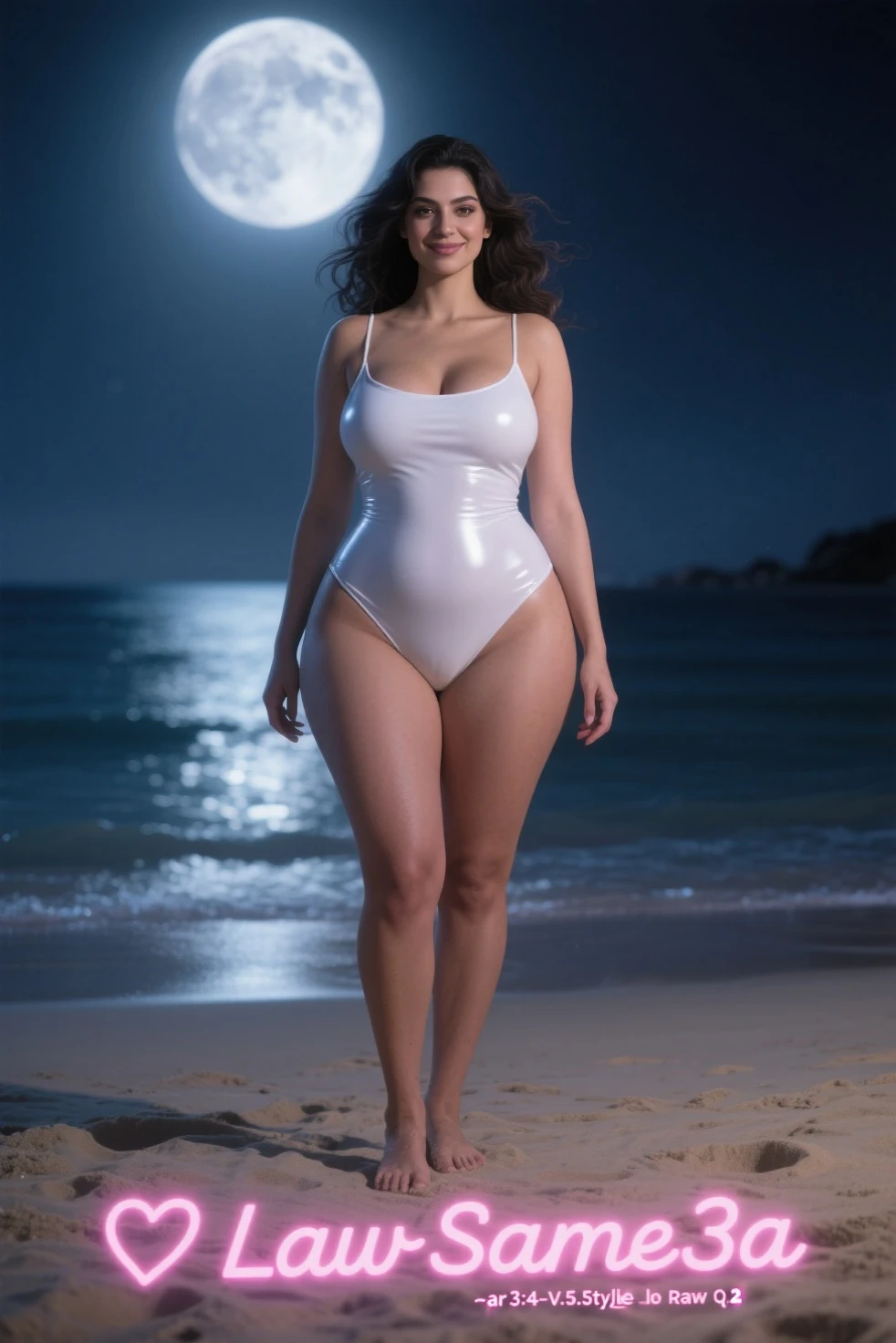 8K, masterpiece, RAW Photos, Highest quality, Realistic, Very detailed, Depth of written boundary, Cinematic Light, Anatomically correct body,
An elegant and beautiful mature woman,
Wavy black long hair, Very beautiful face, Exquisitely detailed face, Goddess-like deity々Beautiful, Glamorous Body,
Very sensitive skin, Transparent white skin, Beautiful and bountiful breasts, Sexy ass, Sexy thighs,
White bikini swimsuit, Detailed cloth texture, Gorgeous necklace, Gorgeous earrings,
Starry sky background, Dark sandy beach at night, Pitch black sea surface,
Beautiful back view,