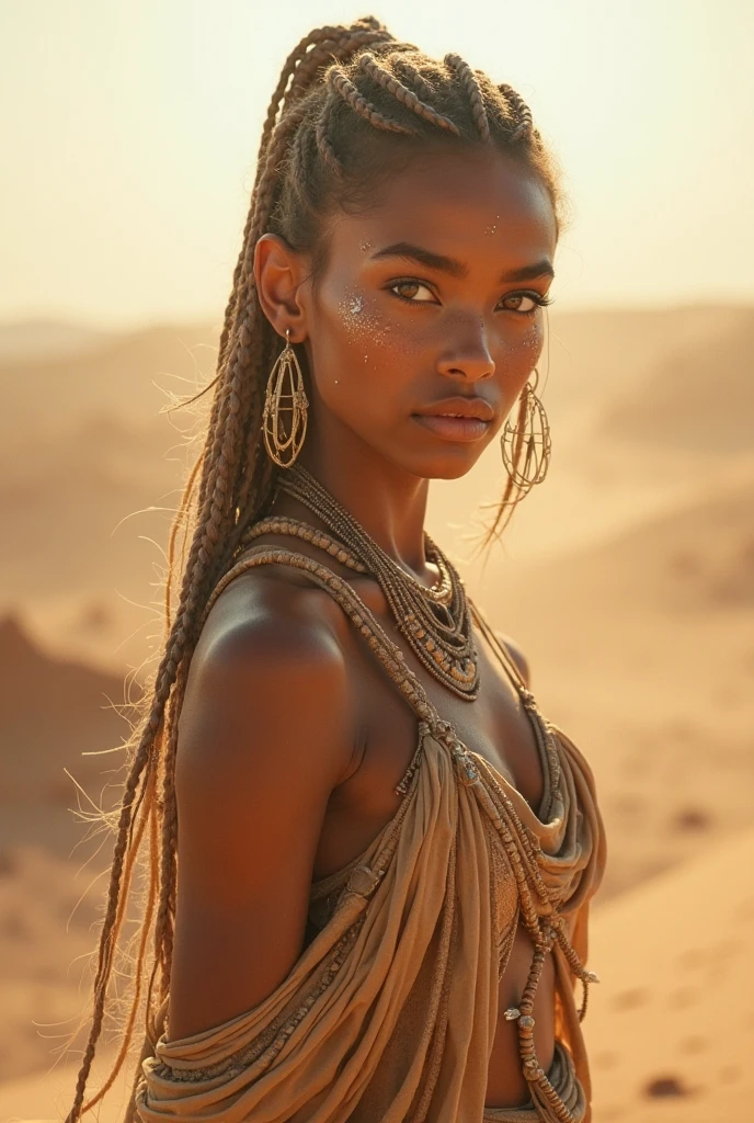 FEMME CHEVEUX AFRICAINE BIJOUX OR BOND GIRLS 007 AVEC UNE LANCE TRADITIONNEL PRETE POUR LE COMBAT