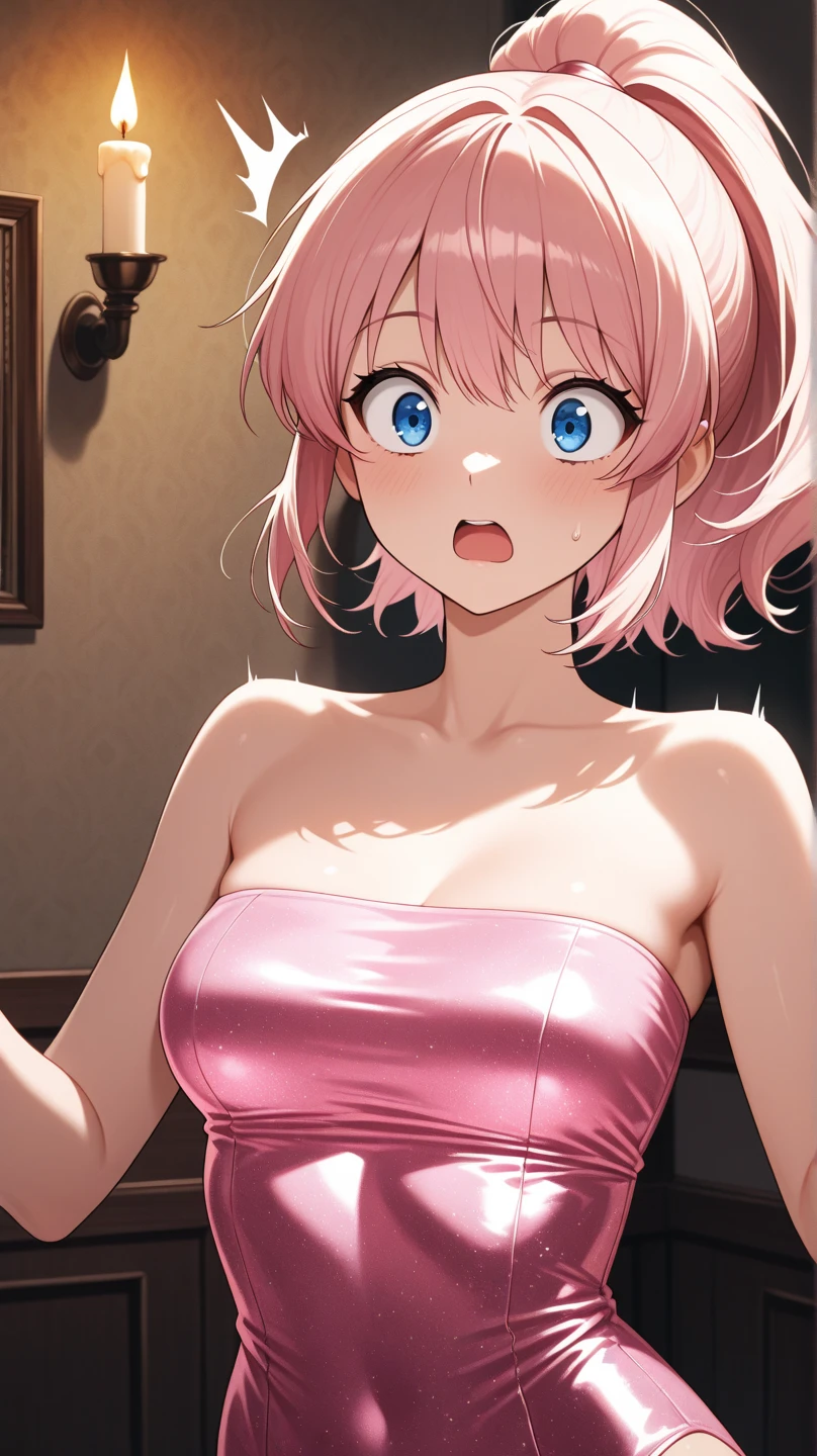 ((playboy bunny)), 4 defined fingers, 1 defined thumb, looking at viewer, solo, 1 woman, 25 years old, AI generated, highest quality, masterpiece, skindentation, perfect face, 8k , cowboy shot, short hair, (pink hair1.5), bob cut, black eye, smile, thin thighs, medium breasts, perfect limbs, sexy, (visible nipples:0.9), (camel toe:0.5), (sit), pantyhose, standing, (close up), upper body,Rough Chest Tank Top