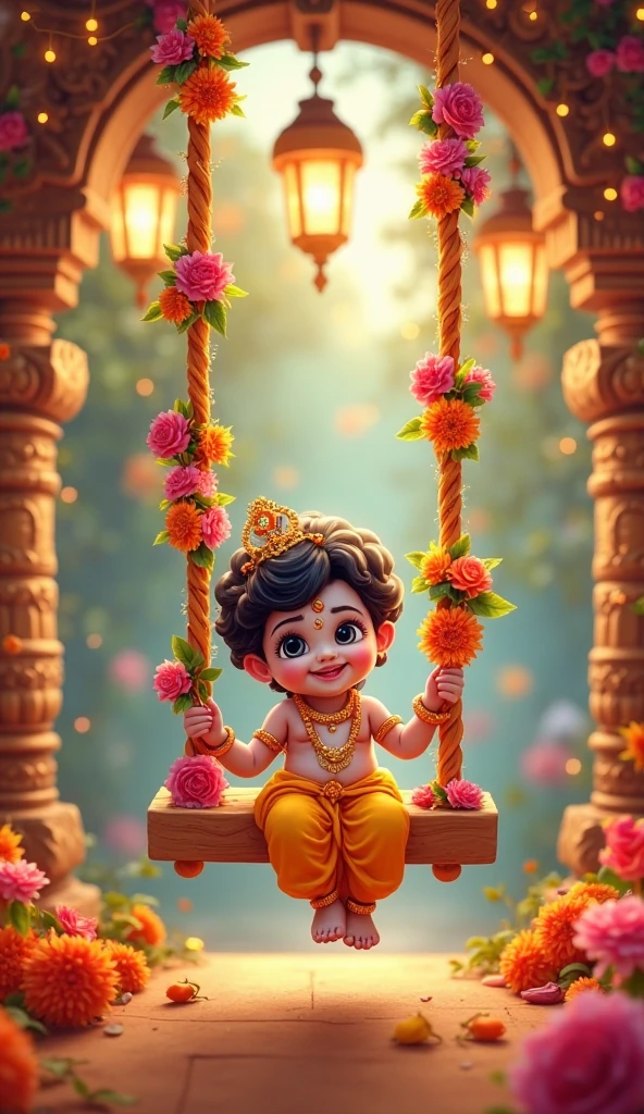 Childhood cute Photo of Krishna ji swinging on a swing.