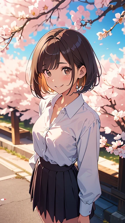  (best quality, 4k, 8k, highres, masterpiece:1.2), ultra-detailed, (realistic, photorealistic, photo-realistic:1.37), HDR, UHD, A girl in a 1960s vintage photo, portrait of a Japanese woman in Tokyo with cherry blossoms, Agfa camera, Kodak film, looking at viewer, smiling, octane render, solo