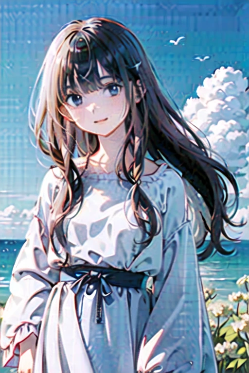 masterpiece, best quality, beautiful detailed sky, illustration, 1girl, solo, small breasts, ultra-detailed, an extremely delicate and beautiful little girl, beautiful detailed eyes, side blunt bangs, hair between eyes, ribbon, bowtie, buttons, bare shoulders, blank stare, pleated skirt, close to viewer, breeze, flying splashes, flying petals, wind