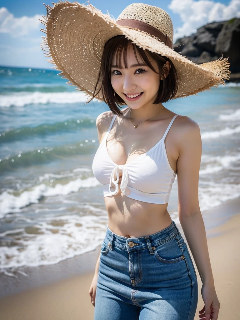 ((Reality Photography)), ((Japan cute women)), ((lensflare)), ((Constricted waist circumference)), (((Mekosuji is visible))), ((White sandy beach and crystal clear sea on background), ((Smiling)), ((NIKON Z)), ((((age19)))), (((A-cup bust)))), (((Colorful bikini swimsuit))), (((pretty skin))), (((pointed Nipple))), (((Muscle feeling))), (((photorealisim:6, realisitic))), ((耳Nipple Ring)), perfect breast shape, bare butts, a short bob, brown haired, looking at the viewers, Small waist, the beach, coastline, the wind, vague, 8K UHD, Digital SLR, softlighting, hightquality, top-quality, 超A high resolution, (Photorealsitic:1.4),