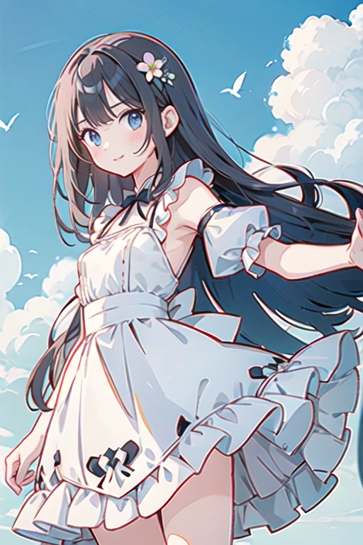 Portrait of a girl, clear sky, minimalist art, simplified line work, flat illustration, Memphis style, toothless smile, Japanese manga style, clouds, reeds, line drawings, Silk dress, not feeling the light, small head, black hair  , medium breasts beautiful composition, healing