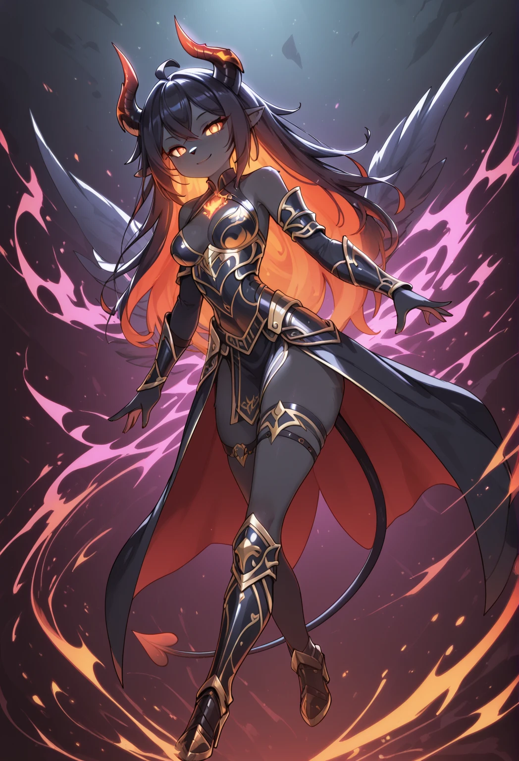 Xinyan, dark skin, yellow eyes, glowing eyes, demon queen, armor, evil smile, digital art, highly detailed, intricate, chiaroscuro, dramatic lighting, cinematic, hyper realistic, 8k, photorealistic, vibrant colors, moody, dark fantasy