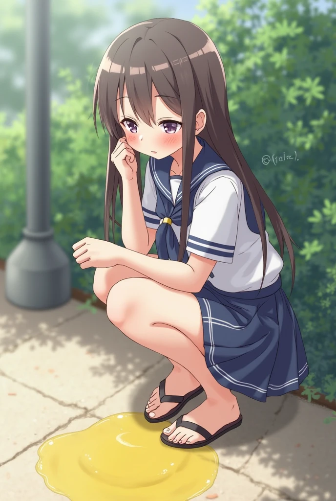masterpiece, best quality, highres, hmharuna, white hairband, hairclip, pink shirt, blouse, short sleeves, white skirt, standing, cowboy shot, outdoors, standing, cowboy shot, outdoors, embarrassed, blushing, crying, mouth closed, (girl leaking pee), (Peeing self), have to pee,