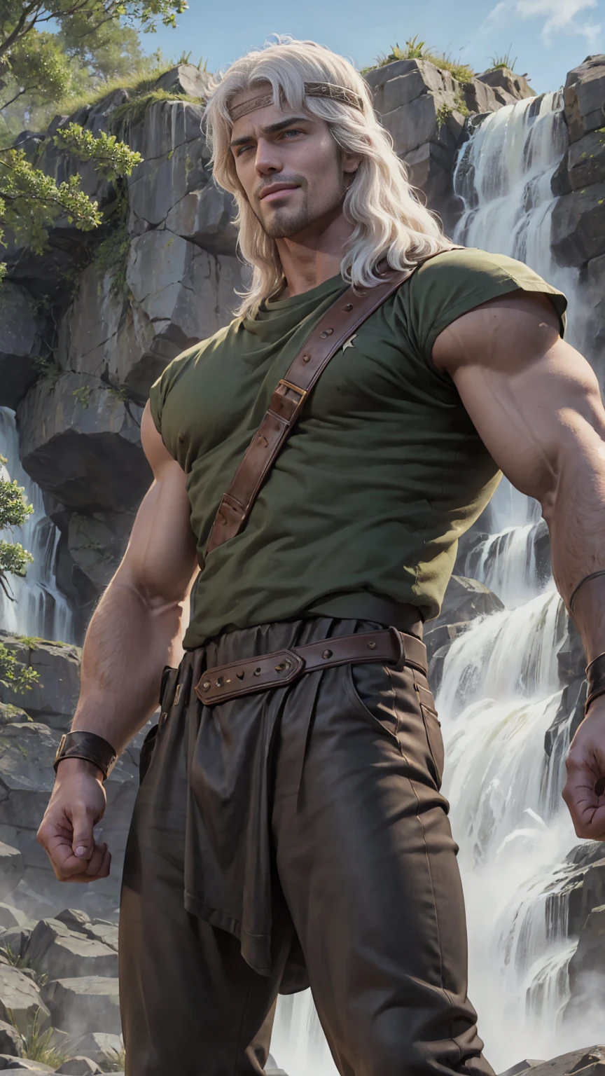 (best quality), masterpiece, ultra-detailed, guy,goatee facial hair, muscular physique,full body portrait,blonde hair,intense blue eyes,stream,forest,hairly chest,loincloth