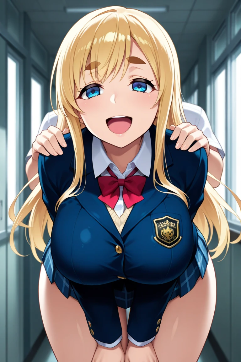 Luanne platter, blonde hair, detailed eyes, large breasts, nude, detailed nipples, exposed breasts, NSFW, headoat , pov, high angle view, (masterpiece, best quality, photo realistic:1.4), (shiny skin), (UHD, 8K wallpaper, High resolution), Perfect anatomy, Cinematic lighting, physically-based rendering, award-winning, extremely detailed skin, extra detailed face, eyes with beautiful details, Carl Zeiss 85 mm F/1.4, (((1girl and 1man, couple, having sex))), (a man standing in front of a kneeling woman, grabbing her head)(girl kneeling in front of a man:1.3), (woman tilting her head up), (1girl: 32 year old married woman, Japanese secretary , (navy pleated Skirt lifted by herself:1.3), (1girl: noseblush and naughty, eyes), blushing, in the office, (1man: a handsome man and wearing recruit suit, holding her head), shot from diagonally forward, shot from above, head grab