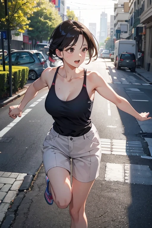 (super flat, flat shading), Honors Type, Really blushing, 17 years old, girl, wearing short sleeves white one-piece dress:1.5, mini skirt fluttering in the wind, Loafer, ponytail brown hair, Glasses, sweaty healthy body, sweaty soaking wet full body, smile, bare legs, armpit, navel, ultra realistic, early morning, breeze, (jumping:1.2), in crowded public street, 
