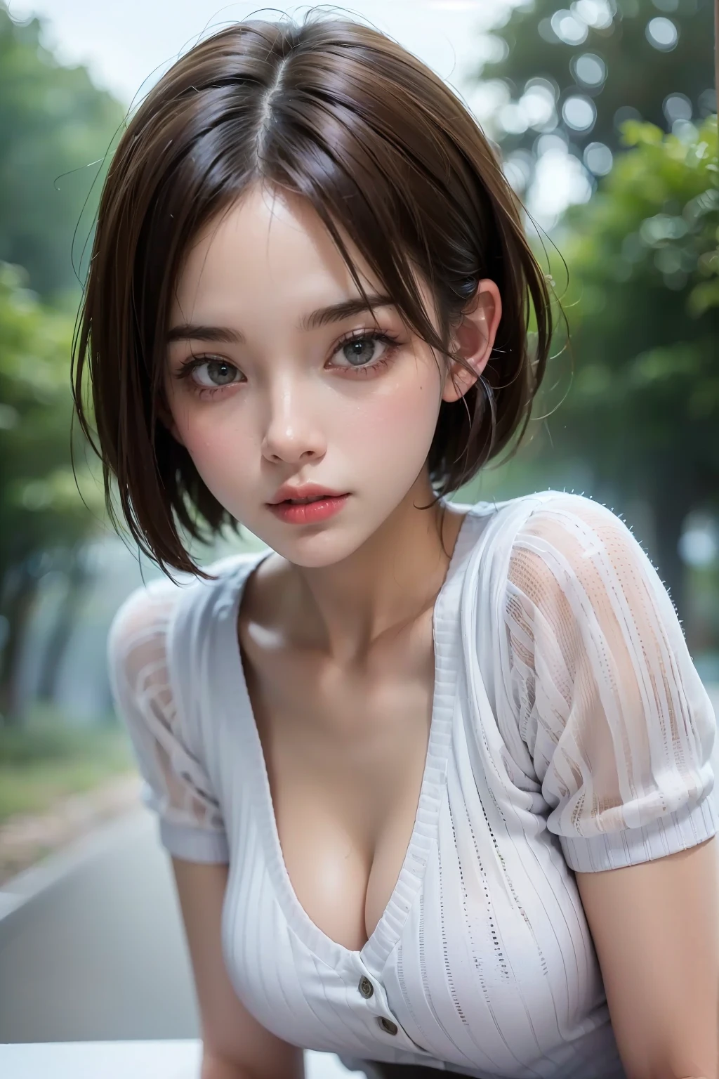 ((Best quality, 8k, Masterpiece: 1.3)), Sharp focus: 1.2, A beautiful woman with perfect body: 1.4, Slim abdomen: 1.2, ((Layered haircut, Large breasts: 1.2)), (no bra) (Small and beautiful hard nipple) (Thin and damp button up to shirt length: 1.1), (White shirt wet by rain), (Rain, Street: 1.2), Wet body: 1.1, Highly detailed face and skin texture,  Detailed eyes, Double eyelid, tanned skin, sexy, tan