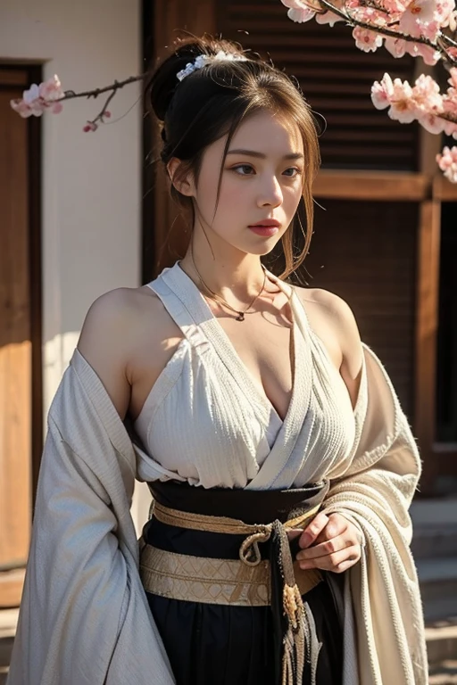 (A woman in her twenties wielding a Japanese sword),(handsome girl), (Hanfu), white skin, surrounded by ink water,Surrounded by the wind, clear face, clear and bright eyes, high detail, whole body, movie lights, motion blur, ray tracing, reflected light, (enlargement), masterpiece, best quality, high quality, high details, super detail, 1080p, UHD, HD, character design, photorealistic, Unreal Machine, concept art, Popularity of Art Station, ((realistic)), looking at viewer, fantasy art, Amazing Gradient Colors, amazing detail,absurd, HDR. Japanese Warring States Period, A little bit of cleavage is visible, Bandaged chest., big bust, sexy, from below, Holding a Japanese sword, swordsman, Bewitching