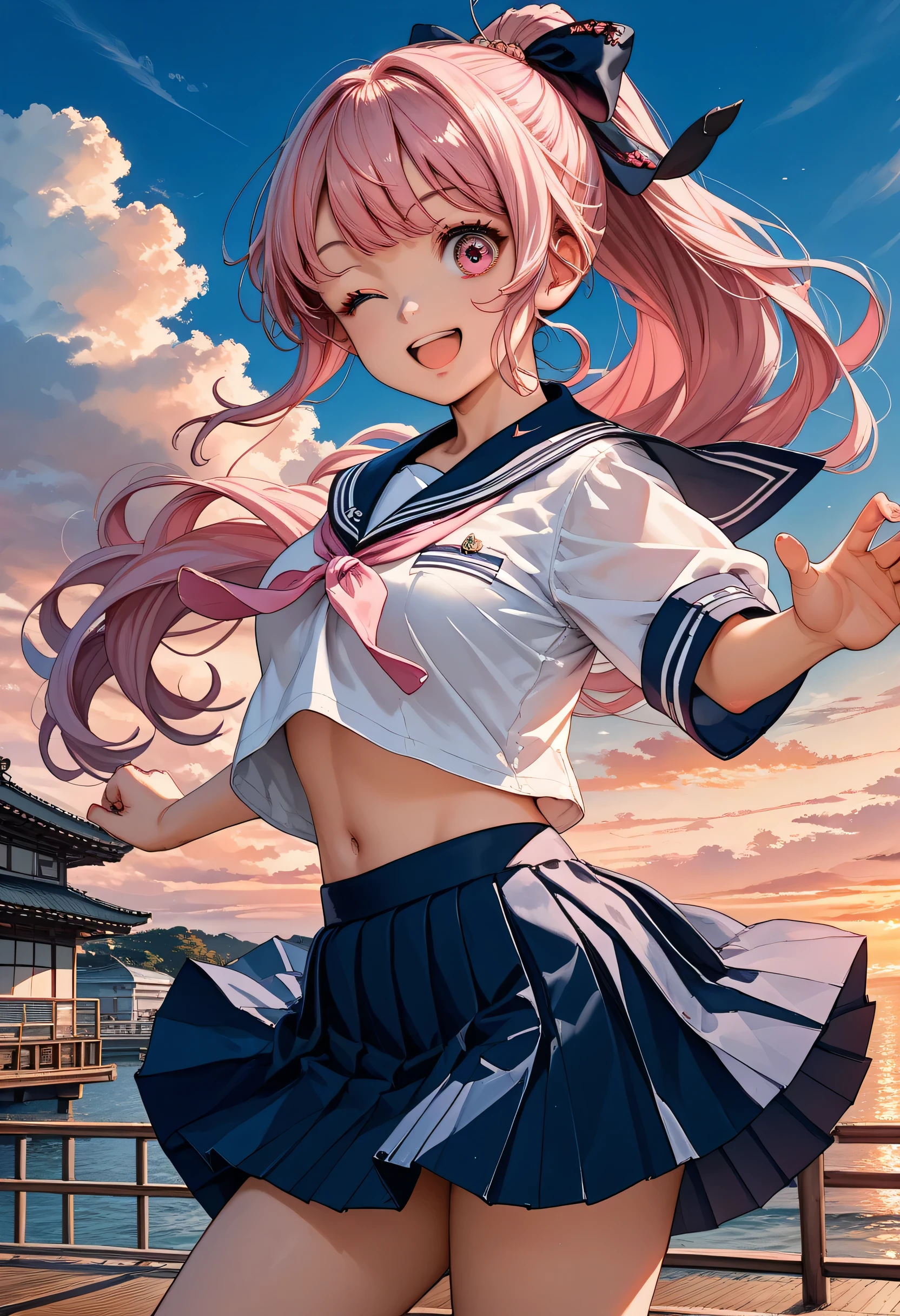  score_9, score_8_up, score_7_up, source_anime ,  1 cute girl ,pink hair,long hair, school uniform, sailor suit, traditional Japanese style with navy blue and white colors, detailed ribbon and pleated skirt ,ponytail,pink eyes ,black ribbon decoration on costume,Cleavage ,sunset sky  ,Surprised expression,moody lighting, underlighting, sharp shadows,happy smile,kicking,one eye closed,navel   