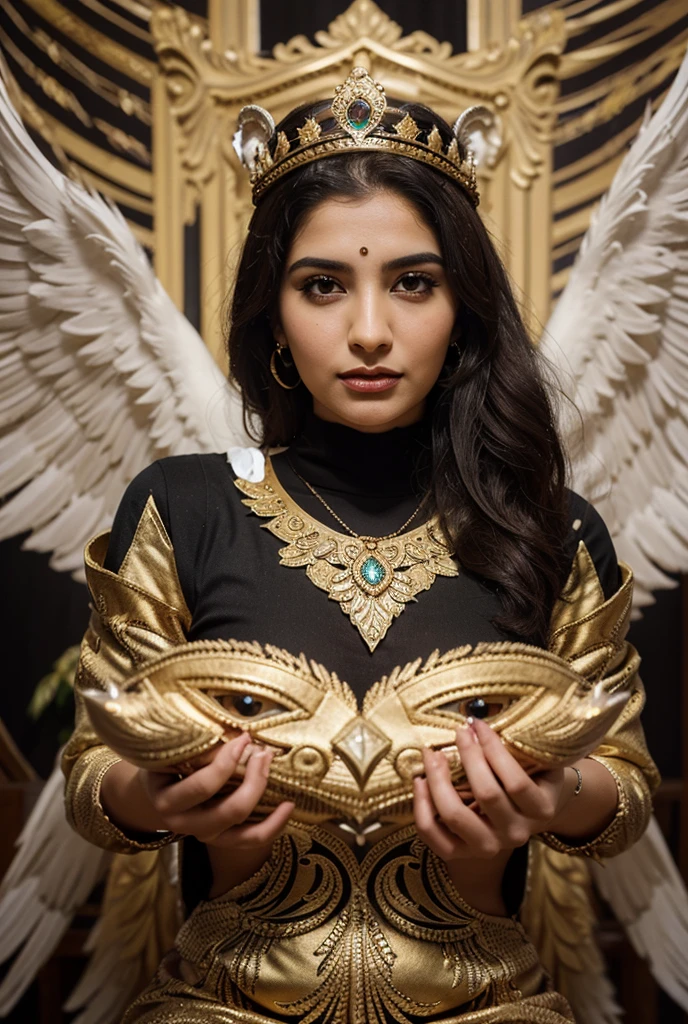 full body photo (from below:1.3) of a beautiful girl with feathers in her hair, sitting on a intricate crystal throne, with legs wide . deep cleavage, wearing mini skirt and crop top, midriff, red violet black color, close up character, woman with runic face tattoos, in a fantasy temple. with statues in the background, photorealistic, slim, face tattoo , relaxed