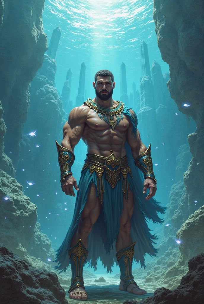 The face is fully visible, with chiseled features, a defined jawline, and a warm, confident smile, making the character appear both strong and sympathetic. The character is standing tall, facing directly towards the camera, ensuring the entire body, from head to toe, is clearly visible. The armor is a blend of ancient Greek or Atlantean warrior styles, covering the torso, legs, and arms, while leaving some muscular areas, such as the biceps and thighs, exposed. The legs are armored with sleek, form-fitting greaves, and the boots are designed to resemble ancient sandals, with intricate patterns that evoke deep-sea elements. The feet are firmly planted on the ocean floor, with the toes slightly visible through the sandal-like design, reinforcing the connection to the sea. The color palette includes dark blue, black, and silver, with glowing accents that emphasize the character's connection to the ocean. The eyes are brilliant blue, glowing with a mystical energy. The character exudes strength and a positive, welcoming demeanor, with a bioluminescent aura surrounding the figure. The background features a deep ocean scene with shimmering sea creatures and underwater chasms, enhancing the character's powerful and dynamic presence.