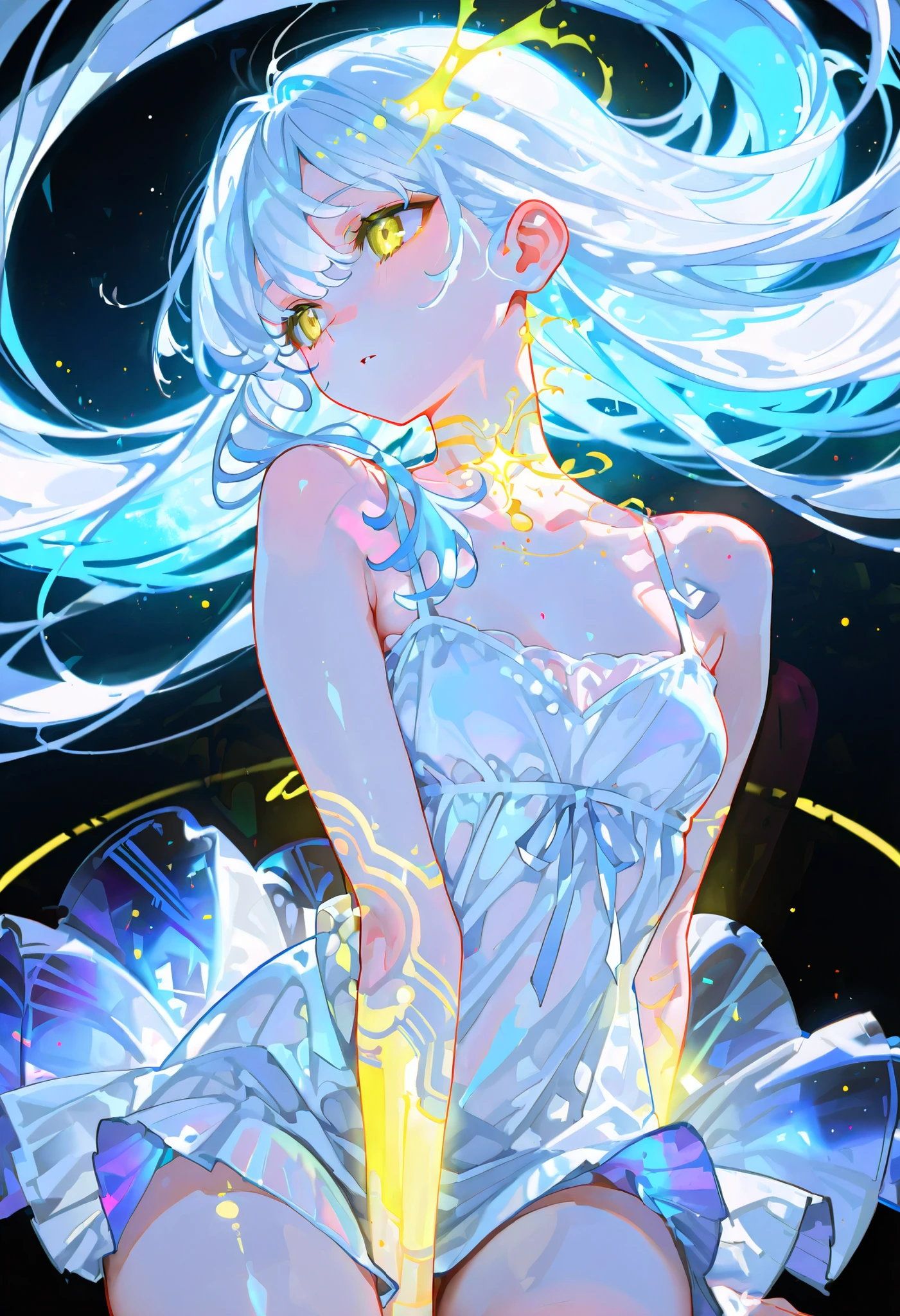 masterpiece, best quality, good quality, very aesthetic, holographic skinlong hair, glowing hair, flowing hair,vibrant colors, girl, yellow eyes, white hair, bright atmosphere, white dress