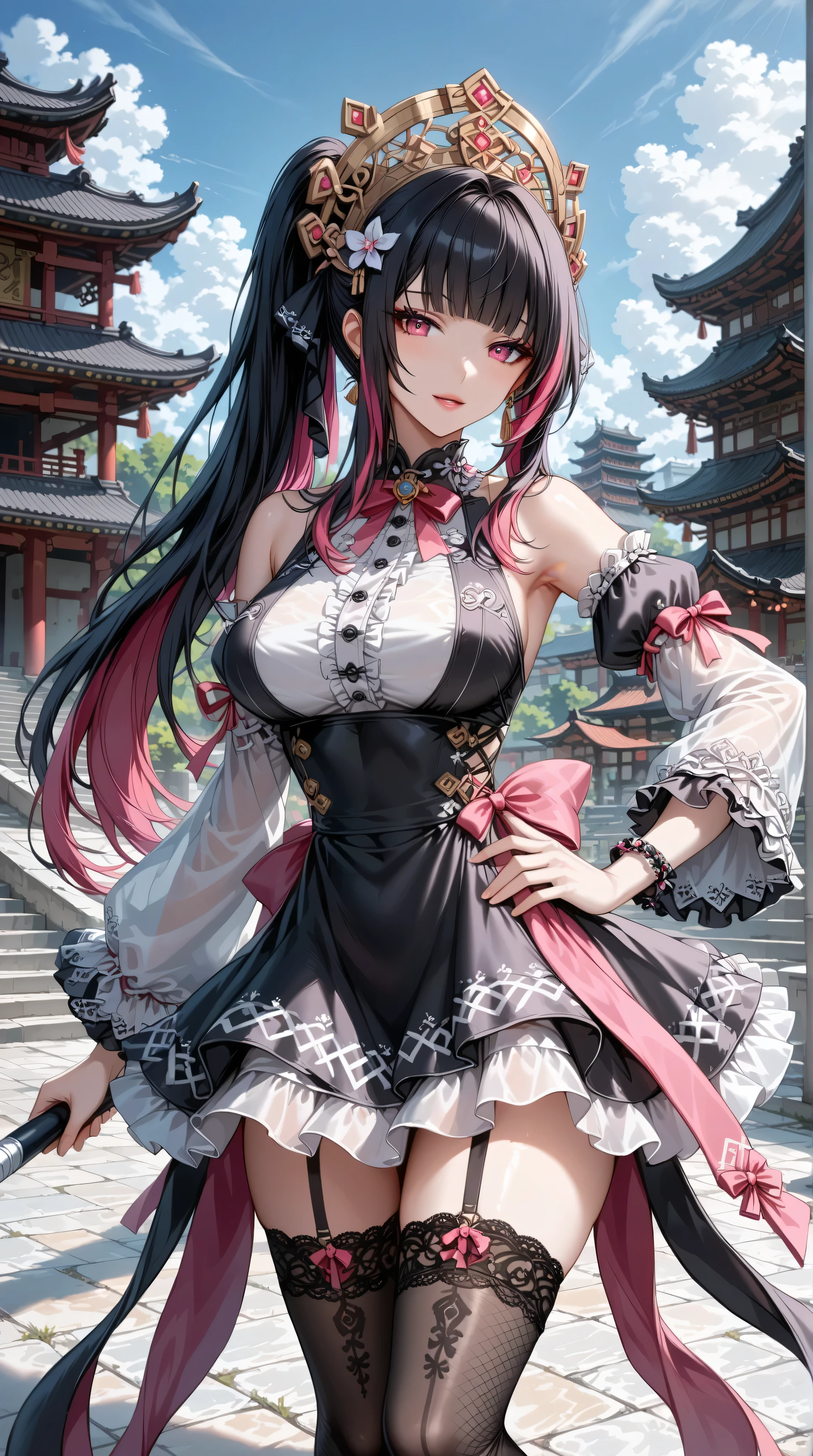 extremely detailed CG,score_9, score_8_up, score_7_up, Source_Animation, anime,
masterpiece, best quality, vivid anime illustration, sharp line-art, cel shading,
three-quarter portrait (thigh-up, above knees) of a gothic doll-like maiden posing on wide stone temple steps,
jet-black straight hair with blunt bangs, oversized black satin bow headpiece, porcelain-pale skin, soft pink lips, confident calm gaze,
luxurious jet-black qipao-inspired frilled dress: high mandarin collar, fully covered , no cut-outs, decorative frog-button closures, brocade panels, sheer puff sleeves, flared layered skirt with subtle embroidery, sparkling brocade, glossy highlights,
mismatched legwear visible at thighs – left: sheer black knee-sock with leather thigh garter strap; right: black fishnet tights,
dynamic pose: left hand on hip, right hand lifting ribbon ponytail, skirt fluttering slightly,
background: traditional japan temple gate with tiled roof, carved stone balustrades, distant greenery softly blurred, gentle overcast daylight, faint floating dust motes
