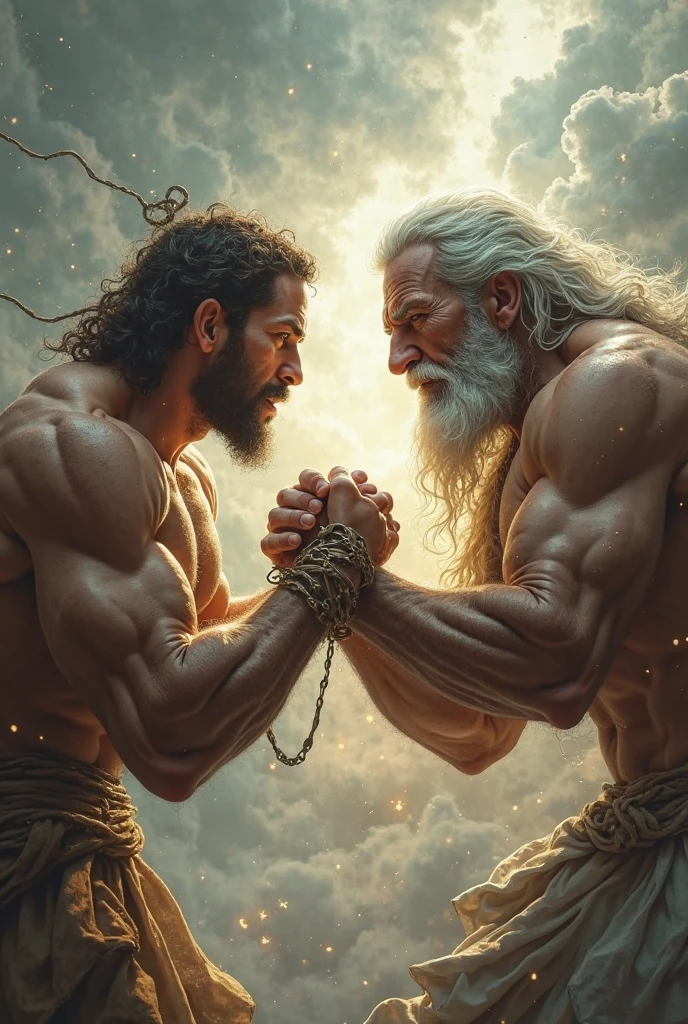 a strong human with vengeful muscles imposing on the body and face of a Rooster facing an old man with white clothes and red details without symbol