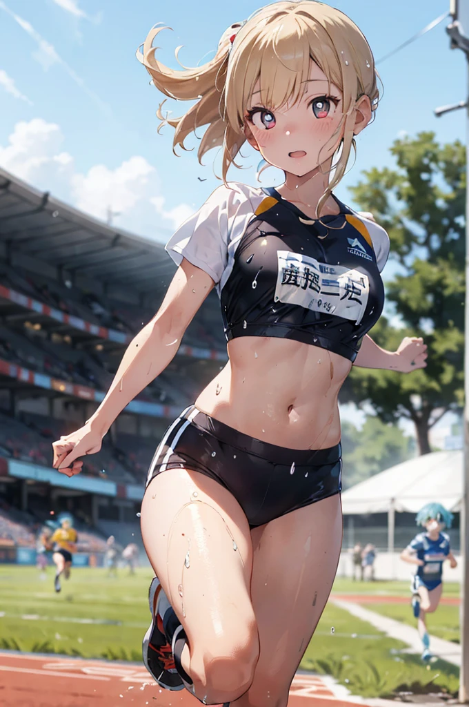 1womanl,Golden hair,14 year old beautiful breasts,(((White see-through short sleeve gym uniform)),((Blue shorts、Smile with open mouth)),(Wet with sweat),((( portlate))),Crowds,(()),((athletic field)),((())),outside of house,,Beautiful ponytail,(((Bra visible through T-shirt)))((Black Sports Bra))