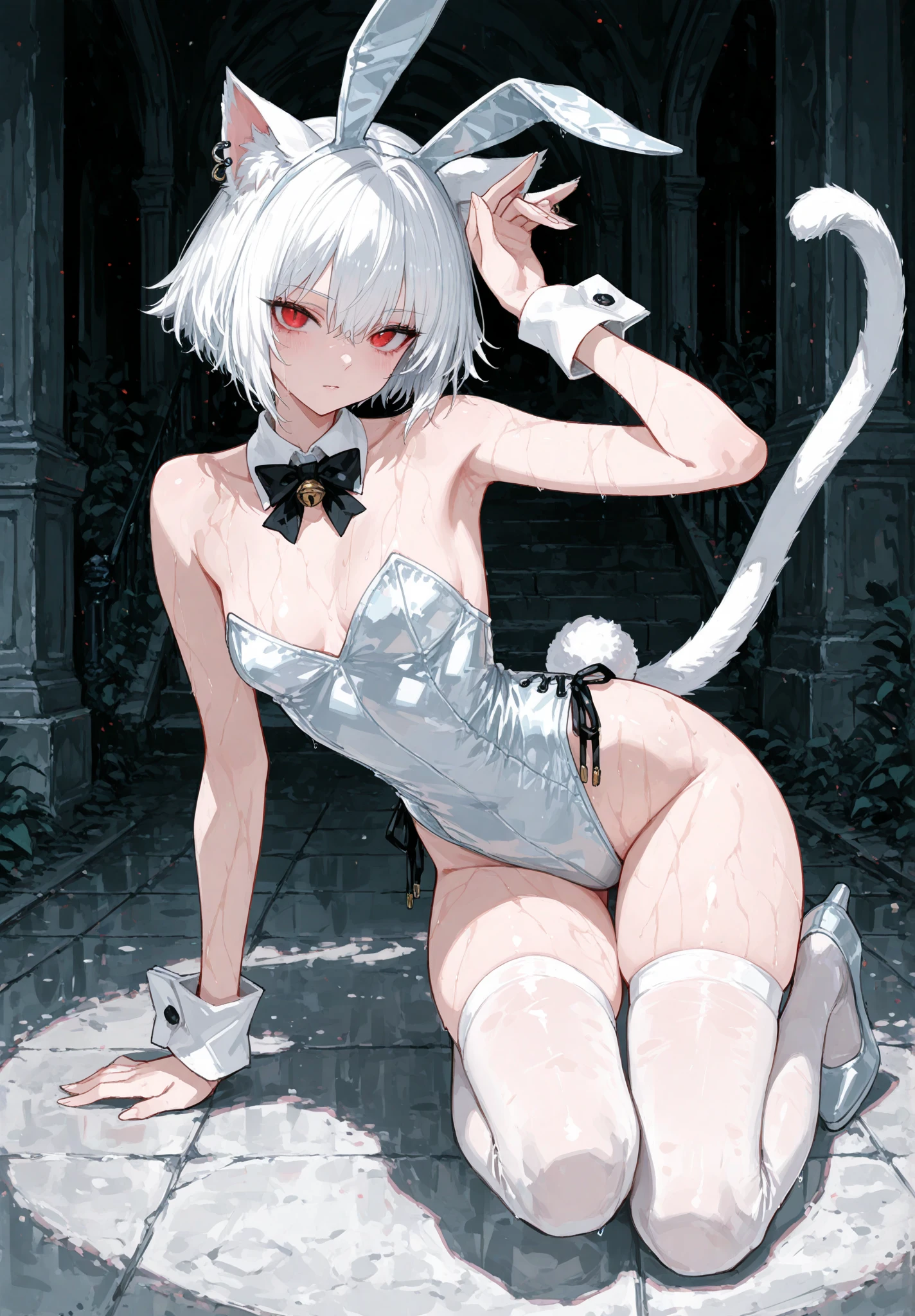 Blush, ((((White color blouse)))), white long boots, (on top of the bed), Kneeling, D-cups, White hair, ahoge, Heart-shaped pupils, blue color eyes, (((((cat ear))))), is shy,White gloves, torogao, Reflectors, Yandere, anime big breast, Chiaroscuro, Ray tracing, shadowing, hyper HD, Masterpiece, Accurate, Anatomically correct, Textured skin, Super detail, High details, High quality, Award-Awarded, Best quality, A high resolution, 16k,(There is love around you),((((Tempting)))),((Get wet,semi transparent)),no extra limbs,((a white choker)),((Stick out her tongue,Lick the white liquid))