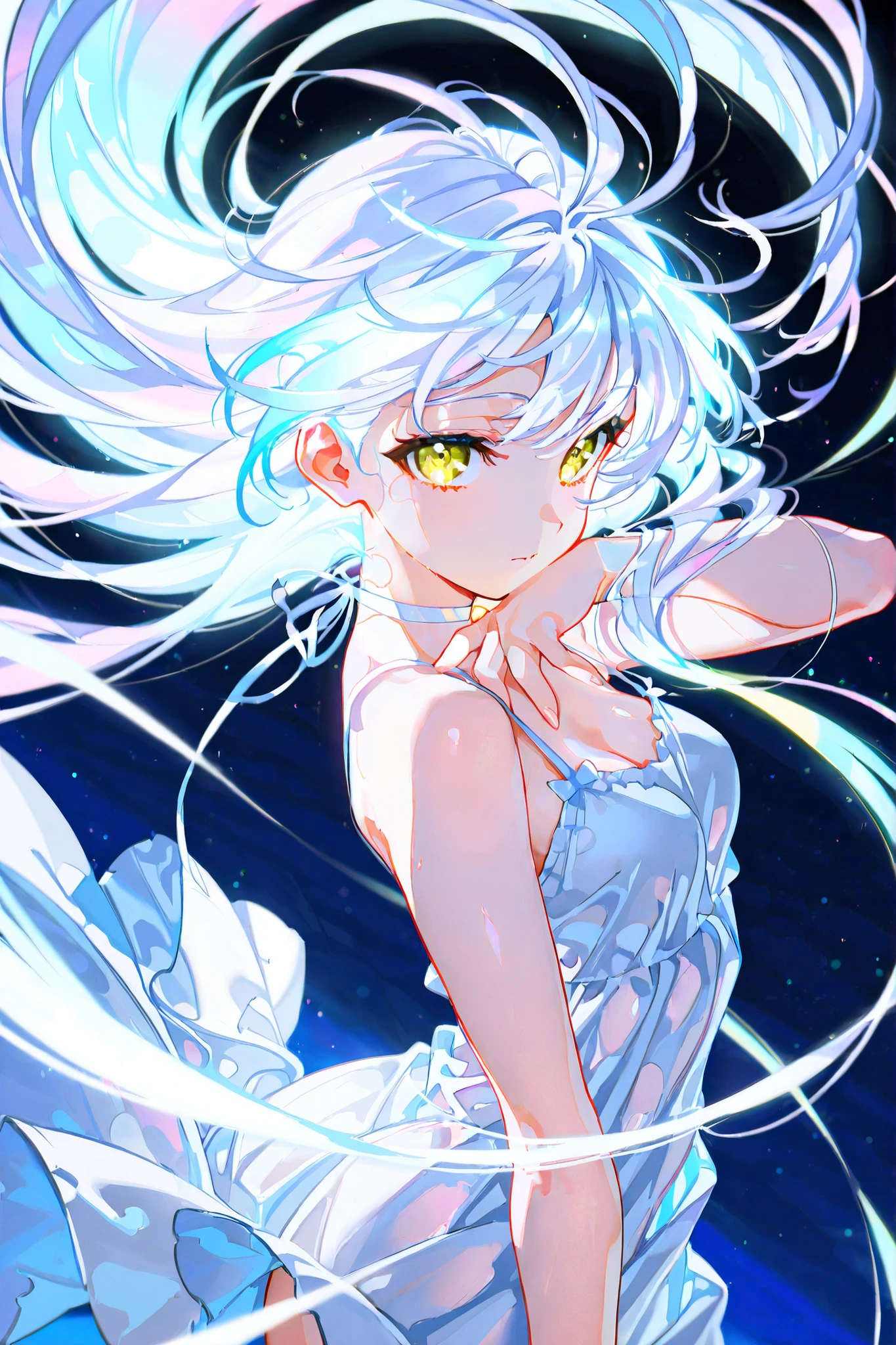 masterpiece, best quality, good quality, very aesthetic, long hair, glowing hair, flowing hair,vibrant colors, girl, yellow eyes, white hair, bright atmosphere, white dress