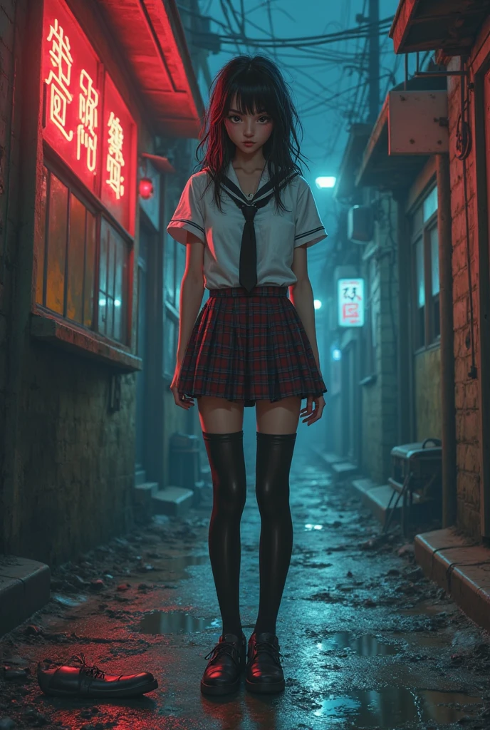 1 girl, long black hair, school uniform, navy mini skirt, white thighhights, red necktie, shoeless, blood dripping on legs, hands covered in blood, car crash, destruction, fire, burning buildings in the background, meteor shower