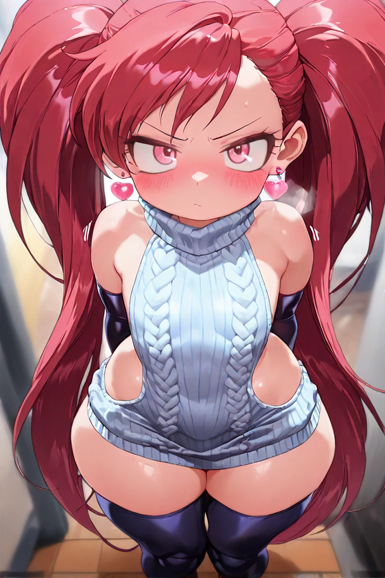 (Perfect body),Best Quality,(8K Portrait),(Official art)、((NSFW))、(((Puffy nipple)))、Small breasts、((Shorthair))、Twin-tailed、blush,((red hairs)),(Sweat),Red Leotard、Blue eyes、Black knee socks、1girl in,((:D))、((both hands behind head))、((Armpits))、On the train、