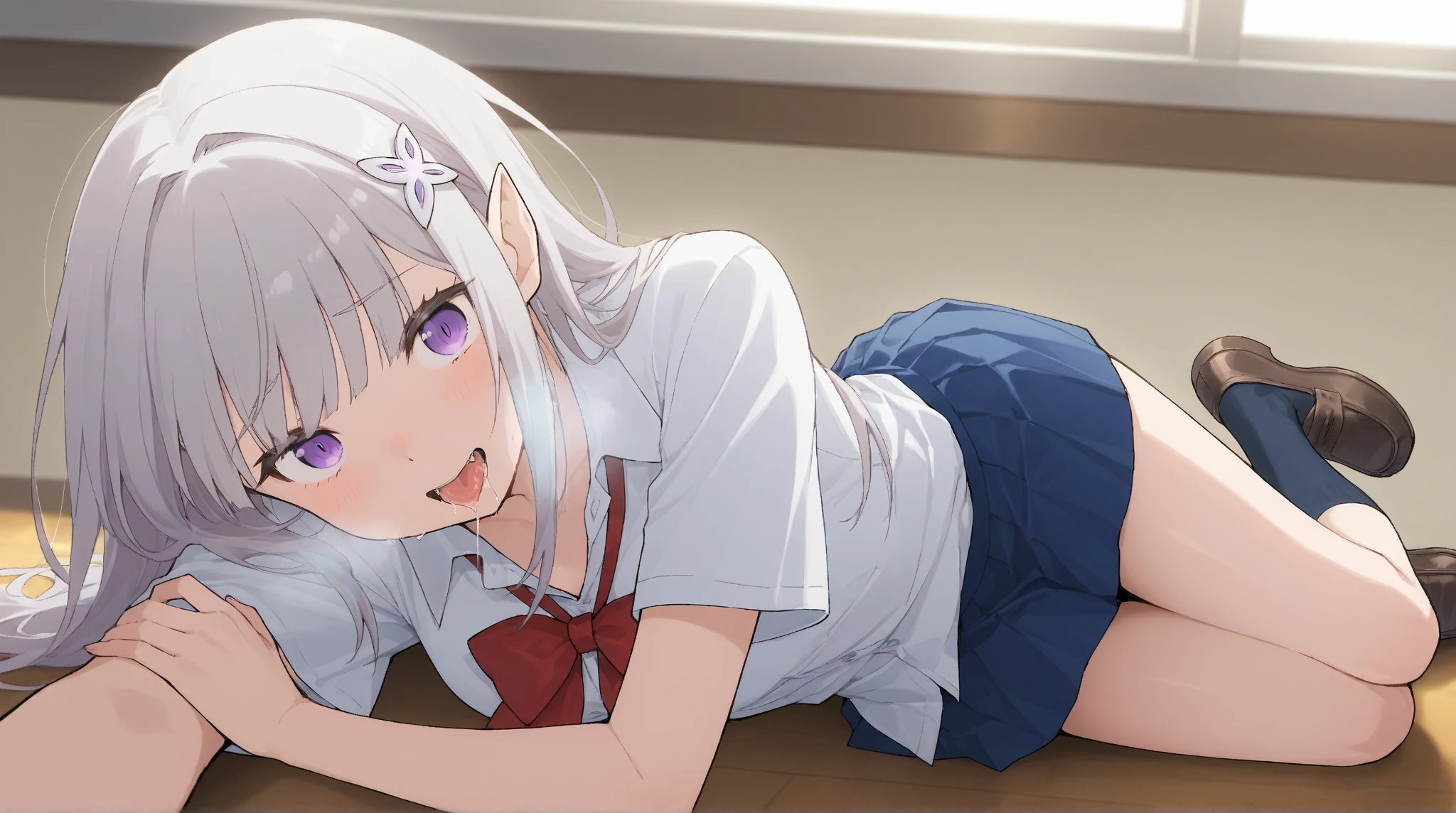(最high quality,4K,8K,High resolution,masterpiece:1.2),Super detailed,Vibrant colors,Soft Shadows,Beautiful brushwork,Attention to detail,perfect render,rich skin tone,Expressive eyes,Captivating Expressions,Golden shades,Gears in the background,10 years old with long, curly light grey hair, Blue-purple robot eyes, A headband decorated with pearls and violet camellias, White shirt, Floral dark blue hemline、最high quality, High resolution, Very detailed, Detailed Background, Perfect lighting、masterpiece、Best image quality、最high quality、girl , (cryin), Anime art style, Cute Characters, Most detailed, high quality、((cry)))、(missionary, 1boy, penis, lying, vaginale, ass pov, spread legs, Sex, nsfw)、nose blush、steam、Shiny Hair、Very fine and beautiful bright eyes、Very detailed, clear and beautiful face, Awards, Anatomically correct、((missionary position,man on top, spread legs))、((Scared))