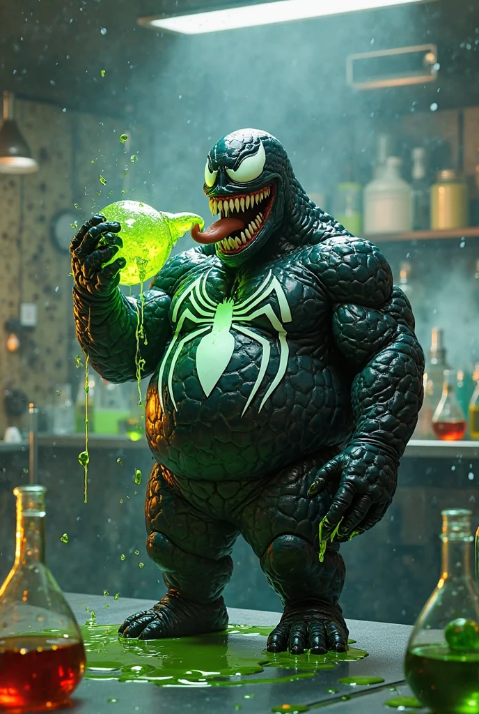 create 4D realistic image about xenomorph venom with big head from venom movie character, fat belly, drinking a glass of milk with red straw, wearing futuristic armor, bare foot with big finger foot, in the mix dark and green, abondoned futuristic lab background, spooky but funny atmosphere