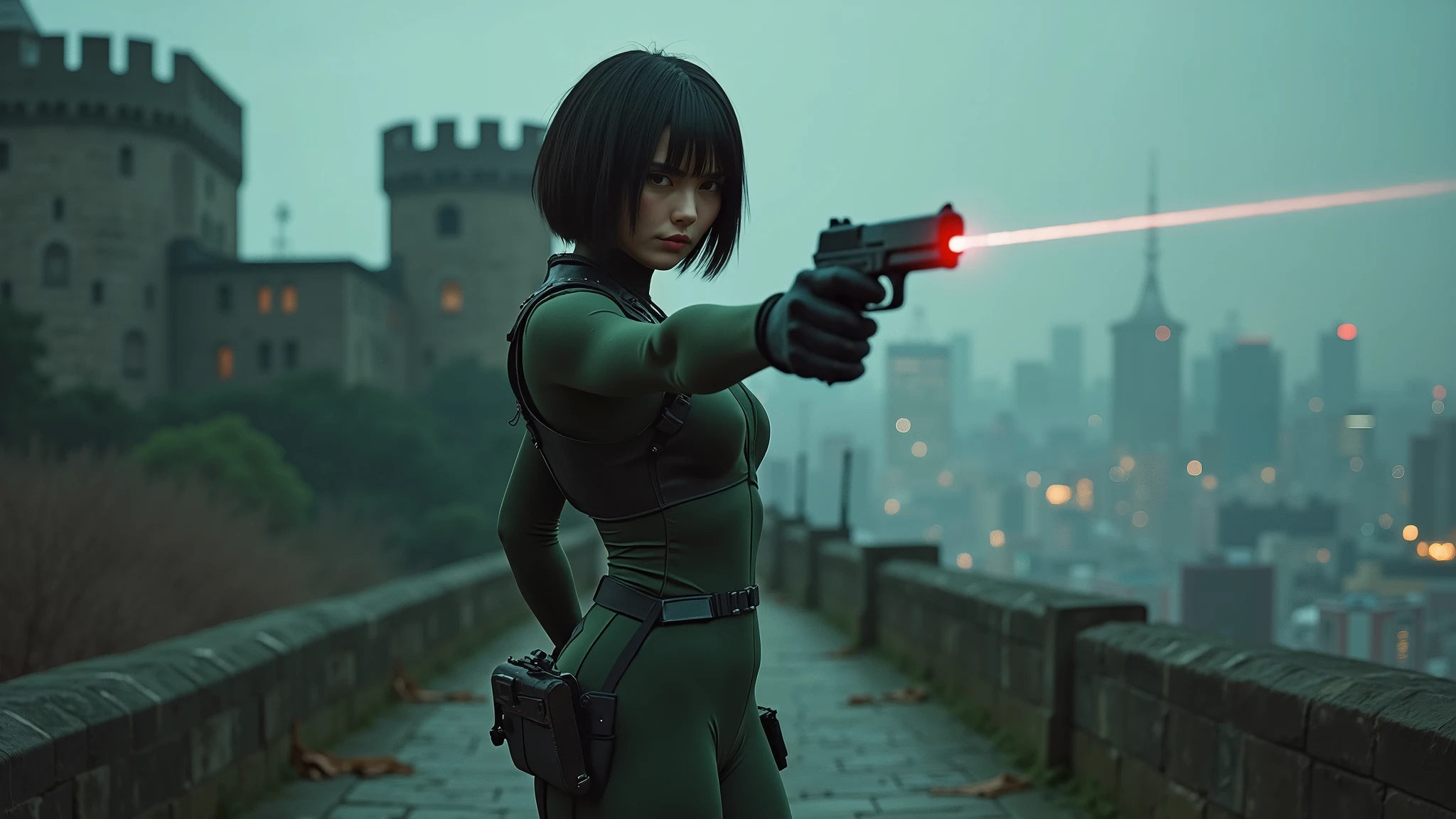 (masterpiece, Exceptional Quality, Mirror-like, cinematic experience, deep-v absaudress), 8k, wallpaper, (1girl), (Motoko Kusanagi), (((((knee level medium:1.8 shot))))), medium-breast:1.3 slim body, slim face, cleavage:1.4, side boob, (((detailed knee))), (Ghost in the Shell world view, dark sky), (point the red laser pointer on the green tactical bodysuit), (heavy black bulletproof vest), (black gloves), (short bob in a medieval castle), The handgun is pointing at viewer), (The background is Tokyo, where science and technology developed), (handgun with a laser pointer under the muzzle)