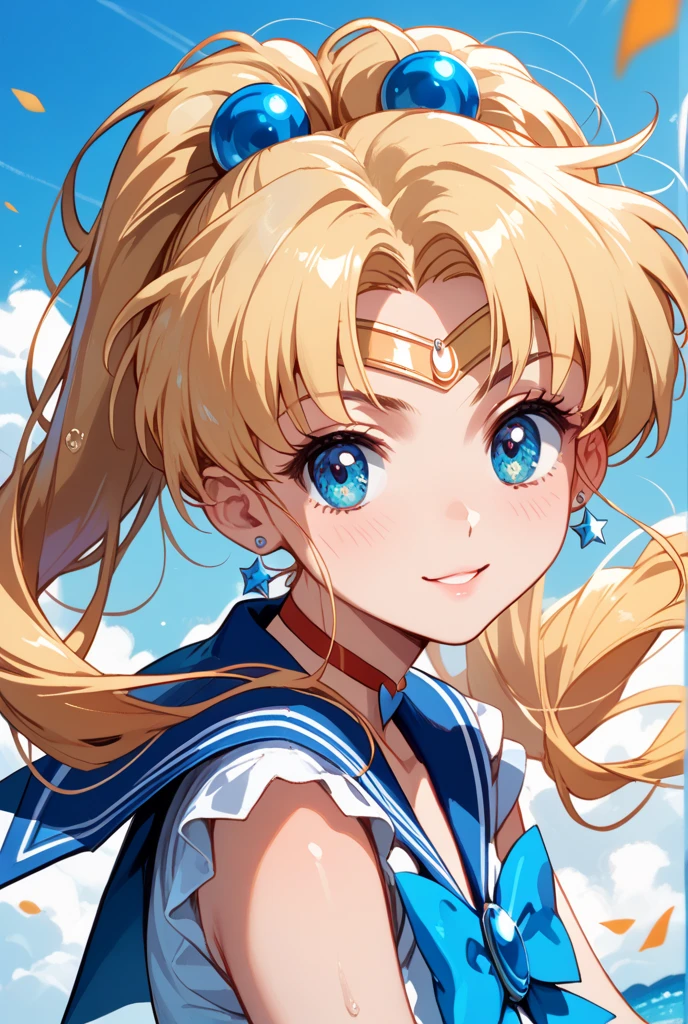 masterpiece, beste-Qualit, Hi-Res, venus1, 1girl in, 独奏, low angles,Sailor Senshi Uniform, sailorvenus, Minako Aino, blonde hair, magical girl, blue eyess, Panchira, Orange skirt,elbowgloves, tiarra, pleatedskirt, Hair Ribbon, orangesailorcollar, mini-skirts, a choker, Gold Chain, orangechoker, white glove, verylonghair, jewely, Cowboy Shot, 耳Nipple Ring, a smile,