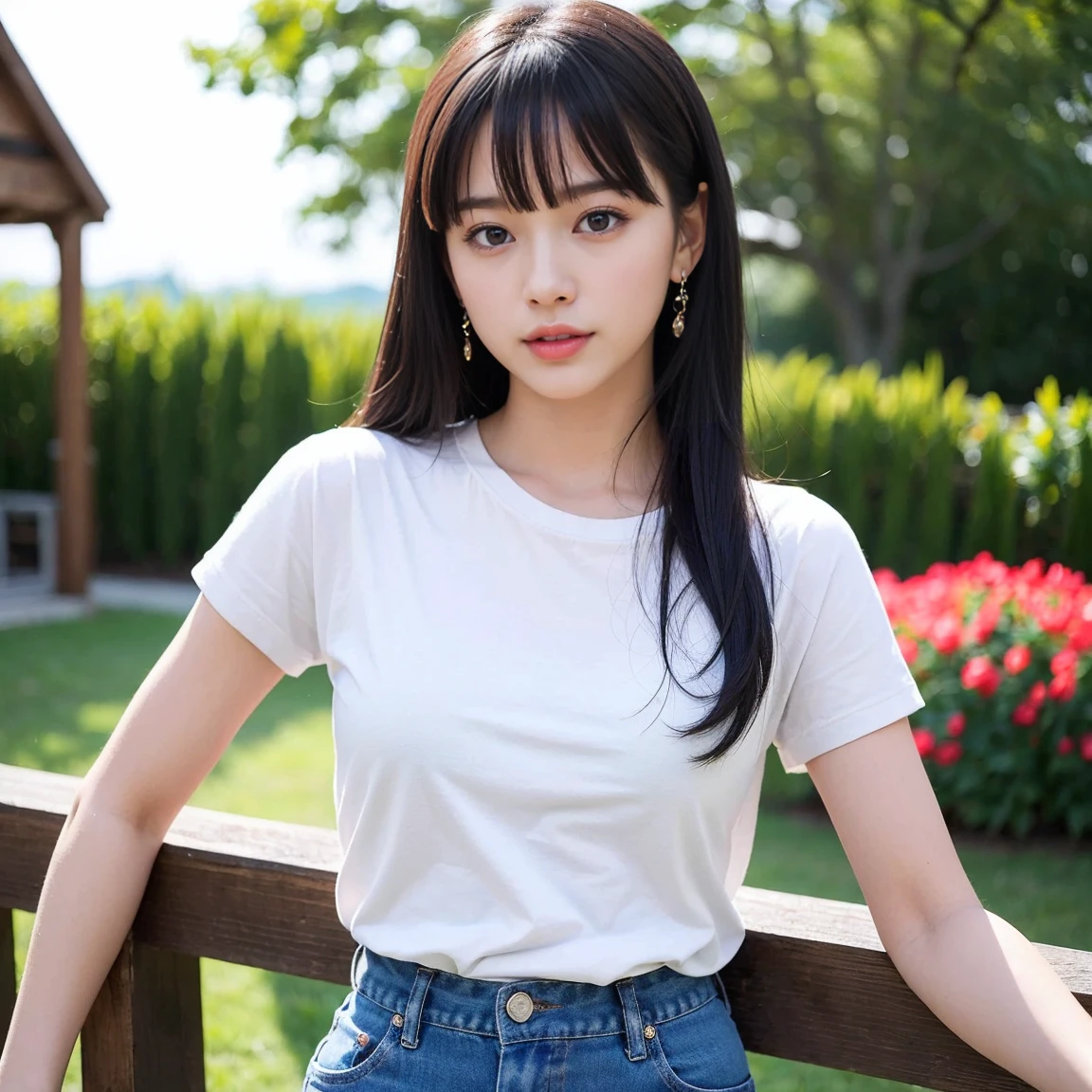 table top, highest quality, shape, Super detailed, finely, High resolution, 8k wallpaper, 完璧なダイナミックな構shape, finelyて美しい目, Wearing a black long T-shirt,medium hair,natural color lip, smile,Harajuku、teenage girl、cute、looking at the camera、C cup、brown hair、Blurred mountain campsite background