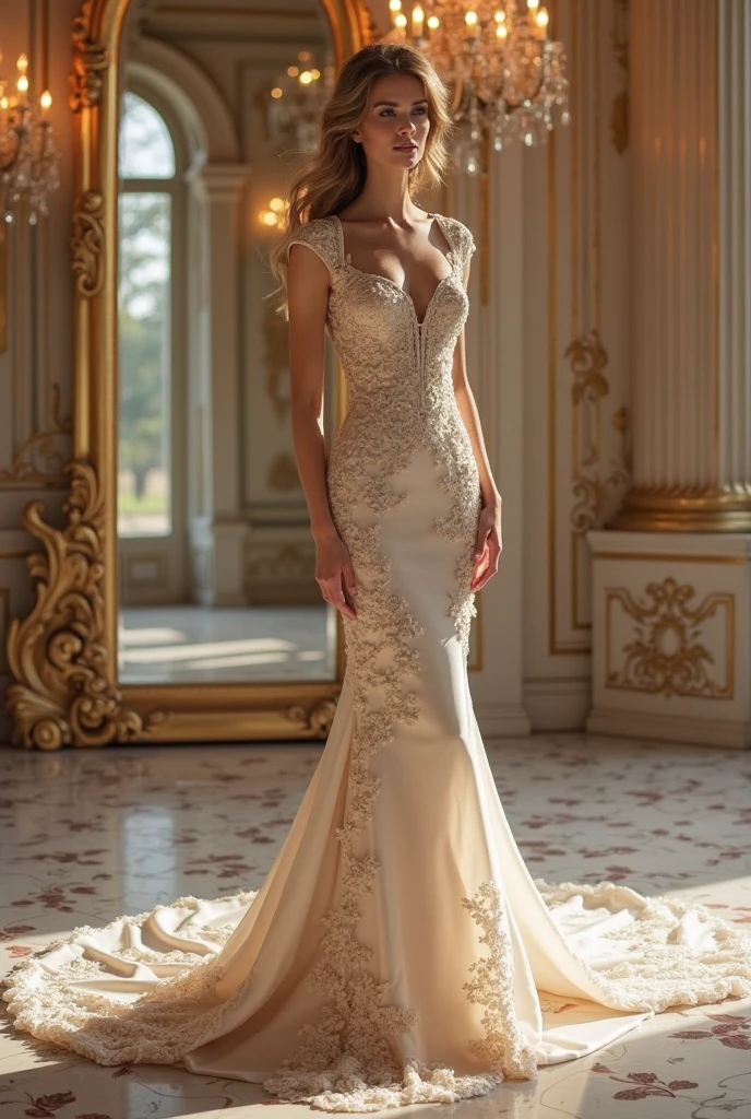 full body, full shot,photorealism, in detail and in detail an extremely beautiful slender sexy bride in a cream wedding dress with intricate lace patterns and a beautiful long veil with intricate patterns stands in partial shade among the columns of a beautiful building. on the face and body, the bride holds the wedding dress with her hands, the pose is beautiful sexy C-shaped stilettos of cream color with intricate patterns, the bride's face is European, perfectly beautiful proportions are neat facial features, the eyes are bright green-blue eyelashes are long and fluffy, the bride's physique is slender and graceful, her legs are graceful and longer than the body in proportion, graceful hands in precious jewelry, on the head of the bride there is a wedding tiara with beautiful diamonds, natural detailed skin, pore skin, skin natural shine, skin color is perfect, cheeks are slightly ruddy, wavy long blond hair to the knees is beautifully flowing in detail and in detail , lighting side daylight soft, hyper detail, sharp focus, photorealism, naturalistic, Jerry Gionis style