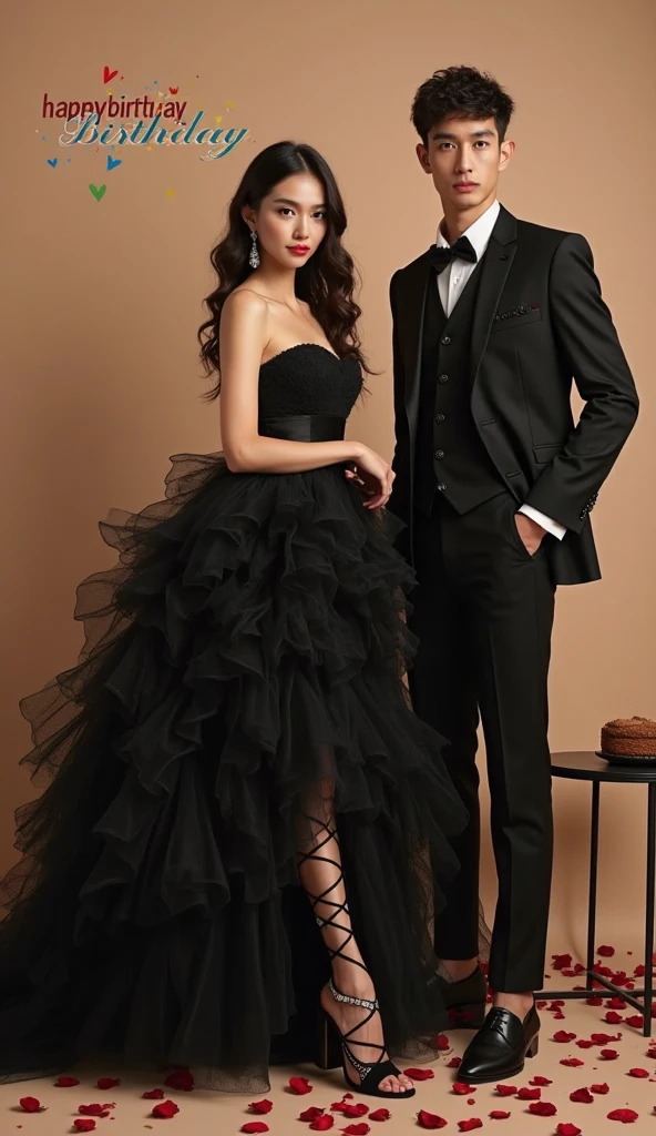 black PetalDress, brown hair, long hair, in love, romantic, <lora:SN-PetalDress:1>