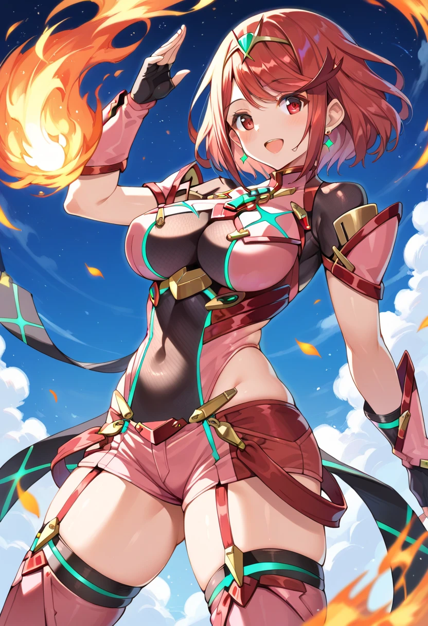 pyra \(xenoblade\), _1girl, lolings, black gloves, breasts, red eyes, shout, earrings, eyelashes, fingerless gloves, floating hair, , gem, gloves, hair ornament, headpiece, jewelry, big_breasts, leaning back, swimsuit, neon trim, official art, pose, red hair, saitou masatsugu, short hair, sidelocks, skin tight, solo, swept bangs, thighhighs, tiara, fantasy_town_background, underbust, xenoblade chronicles \(series\), (xenoblade chronicles 2), (spread_legs:1.1), fire_effect,dynamic_pose,fighting,light_smile, (plump:1.1), big_ass,huge_sword, hold_large_sword_hilt, covered_nipples, covered_pussy, fists,ponytail,beautiful_fingers,(solo:1.1), bare_shoulder,(shoulder_naked:1.2)