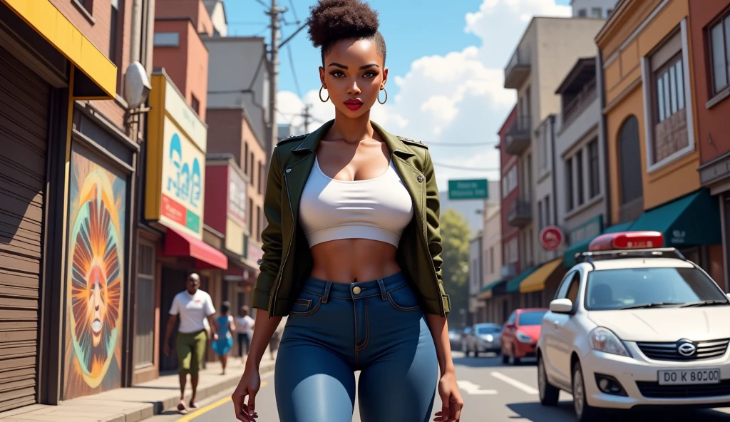 (best quality, masterpiece, ultra high resolution), (8k wallpaper, high-definition, HDR, RAW, Cinematic lighting, depth of fields), (hyperrealistic), (authenticity: 1.4), (full body shot), 1girl, ((12 year old girl)), ((Black curly hair)), ((Pretty American Girl)), ((Pretty face)), ((Tight clothes)), ((Blue Eyes)), ((Pale skin)), amazing slim body, thick legs, thick thighs, flat tummy, navel, ((perfect hands)), ((Standing)), leaning forward, ((White crop top)), ((Tight Denim briefs)), ((view at viewer)), ((Surprised)), (((On an old gas station))), sunset illumination, divine illumination, contrast
