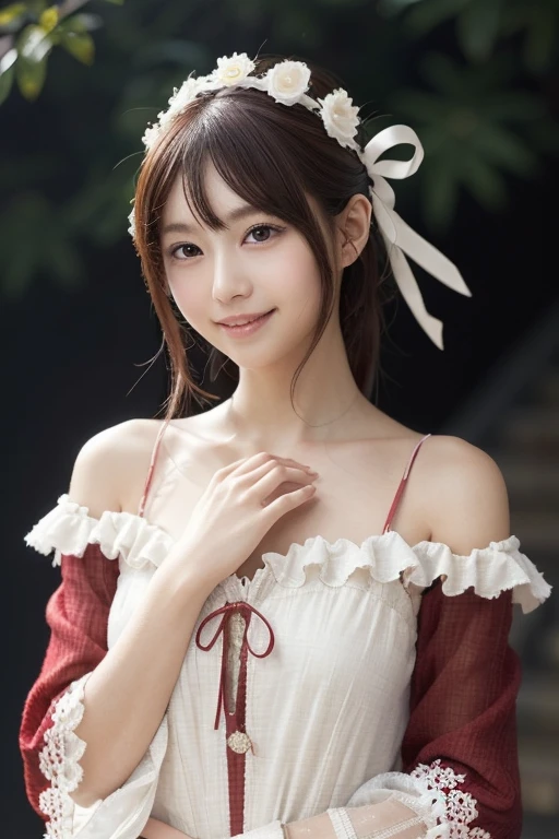 Detailed image of a young female character with medium length wavy brown hair。Her hair is decorated with a white ruffled headband and red roses on either side.。With large, expressive red eyes、A soft redness on the cheeks、She has a gentle and slightly surprised look on her face.。Her outfit is a classic maid's uniform.、She is wearing a black puff-sleeved dress with a frilly white apron.。The apron is fastened around the waist with a black corset-style belt.、The belt has a cross lace-up。On the neck、It has a red ribbon with a gold pendant in the center.。One hand raised to adjust the headband、The other hand is holding the skirt of the dress。The background is solid white、Highlights the characters and their detailed costumes。smile、Large Breasts、Large Breasts、Random sexy poses、The background is a mansion、marble、メイドさん