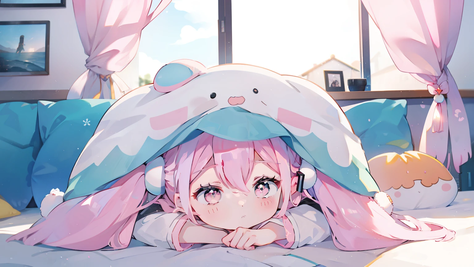 one person, ((Hatsune Miku))、(evening),(melew),sleep、Kotatsu, table, Three Piece, Downward facing face, light blue hair, winters , upper body,Mandarin Orange, reflective light,, Ultra_detail:1.2,masterpiece, top quality, high resolution, {Fine and Beautiful Eyes}, fine, Fine and Beautiful Eyes,1 , (Alone:1.5), (hair bow:0.4), pink eyes,cinematic angle,perspective,((( white bun hair))),(((long pink hair))),