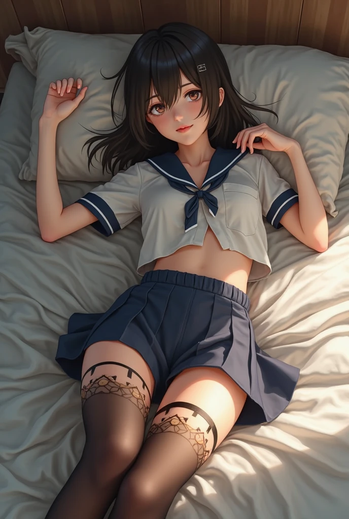 Married Woman、1 girl、(Lying on the tatami、Japanese girl showing off her panties:1.1)、((Lie on your back in bed:1.4))、Lips parted、Facial expression lines、Wet Panties、Small panties、Realistic、((negligee:1.4))、tights、skirt、Realistic skin texture、Realistic、(Upskirt、Skirt Lift)、highest quality、masterpiece:1.3、Ultra-high resolution、View from below:1.9、Crotch close-up:2.08、Embarrassed look、((Spread your legs out to the side:1.4))、((Look Viewer:1.4))、The most beautiful girl in the world、Bold Pose、